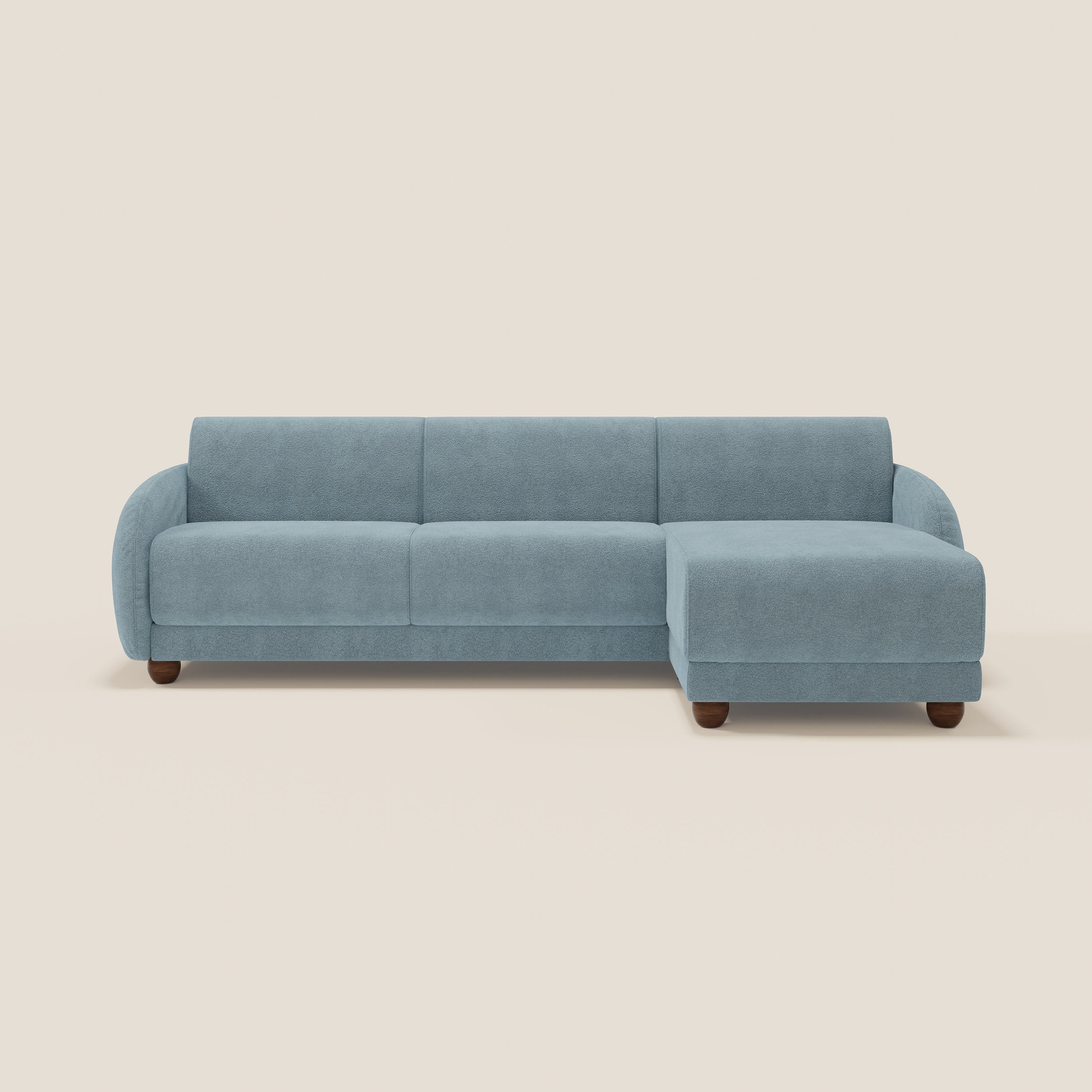 Giglio divano letto angolare con materasso alto 18 cm e penisola contenitore in morbido bouclé impermeabile T07 - divani.store