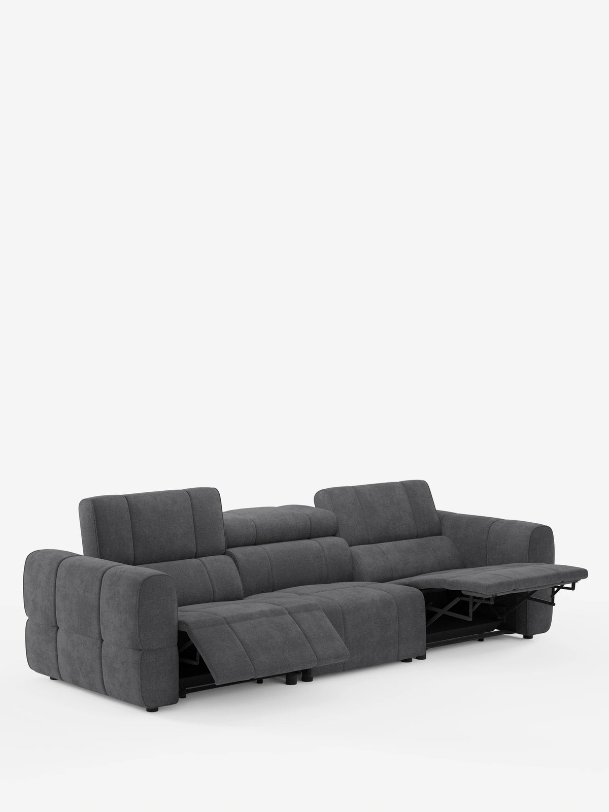 Un divano modulare Giotto grigio scuro a 4 posti con poggiatesta reclinabili e funzione relax elettrica opzionale, rivestito in tessuto smacchiabile T23 su sfondo bianco, dotato di quattro posti a sedere, due poggiapiedi estensibili e poggiatesta regolabili.
