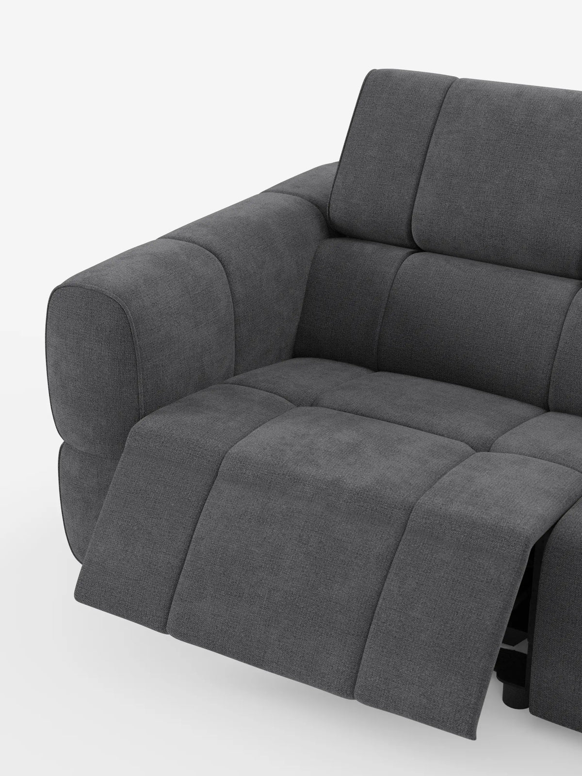 Giotto, divano angolare modulare a 5 posti da 296 cm con penisola e funzione relax elettrica opzionale in tessuto antimacchia T23: un divano modulare grigio antracite con chaise longue, tessuto testurizzato e cuscini strutturati su sfondo bianco.
