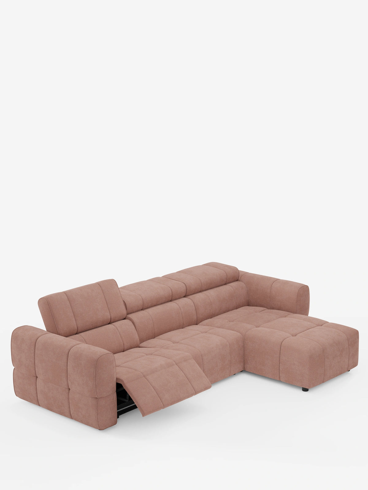 Divano angolare modulare Giotto a 5 posti da 296 cm, color rosa polveroso, con penisola e funzione relax elettrica opzionale, rivestito in tessuto smacchiabile T23 con motivo trapuntato, chaise longue a destra, poggiapiedi a sinistra e poggiatesta rialzabile regolabile.