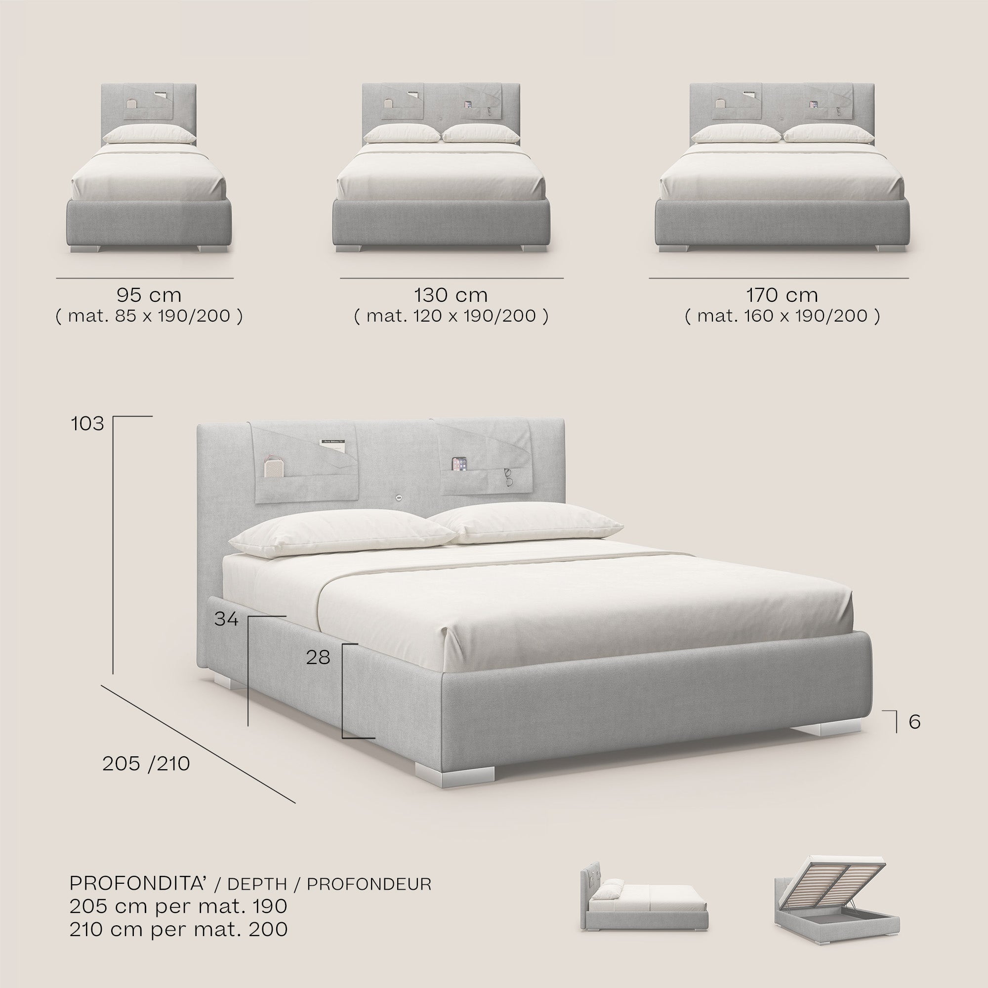 Horus letto imbottito contenitore e presa USB sulla testata in tessuto impermeabile T02 marrone - divani.store