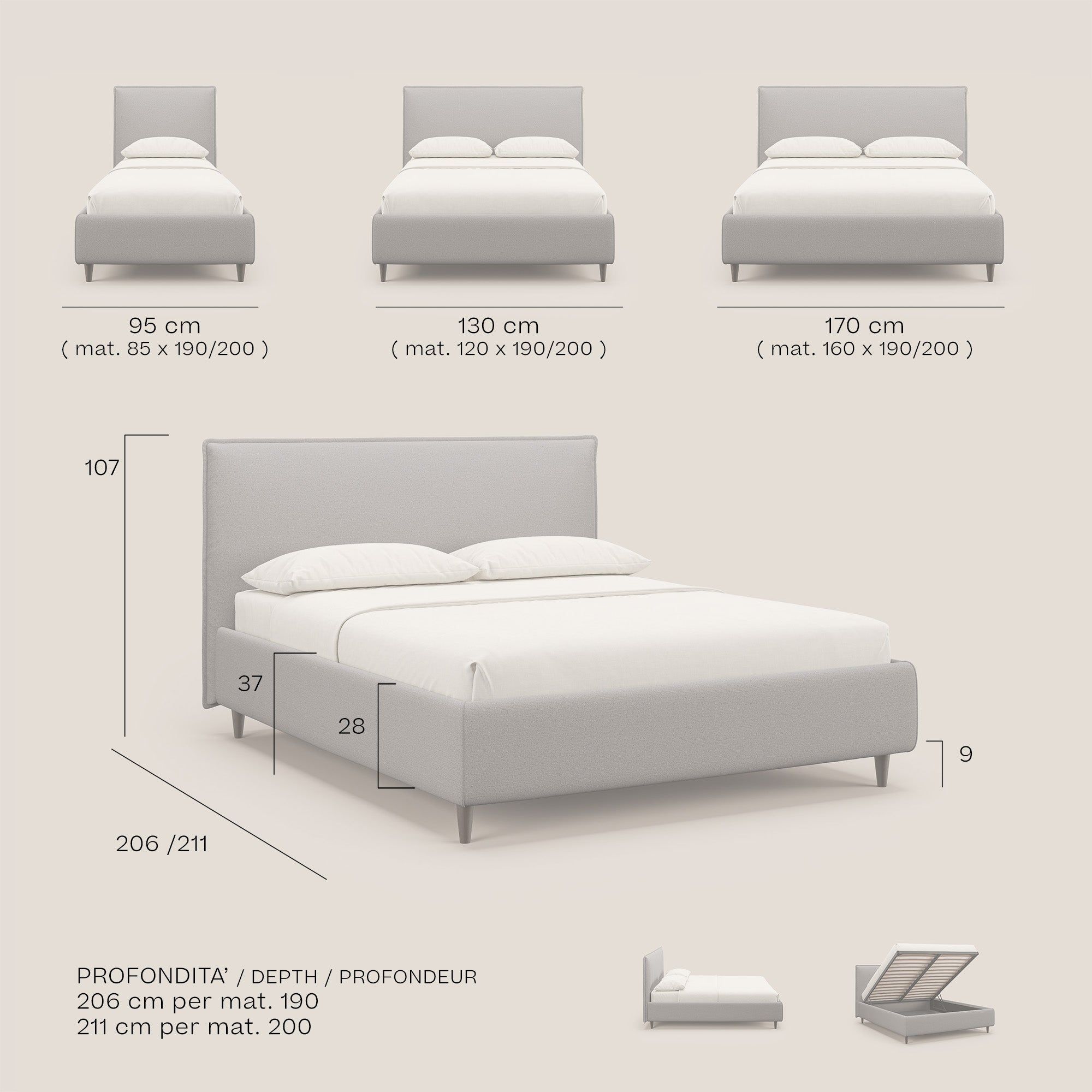 Hunter letto imbottito contenitore sfoderabile in tessuto impermeabile fiammato T19 grigio - divani.store