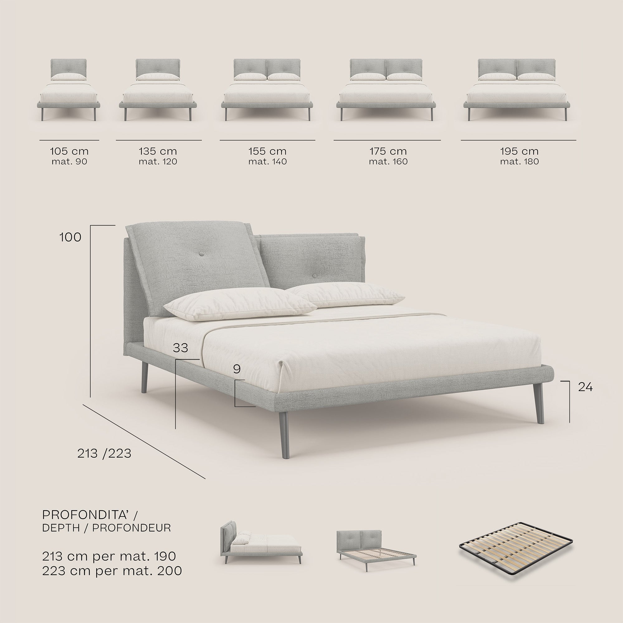 Ibuki letto con cuscini trapuntati regolabili e piedi in mogano in tessuto fiammato impermeabile T03 grigio - divani.store