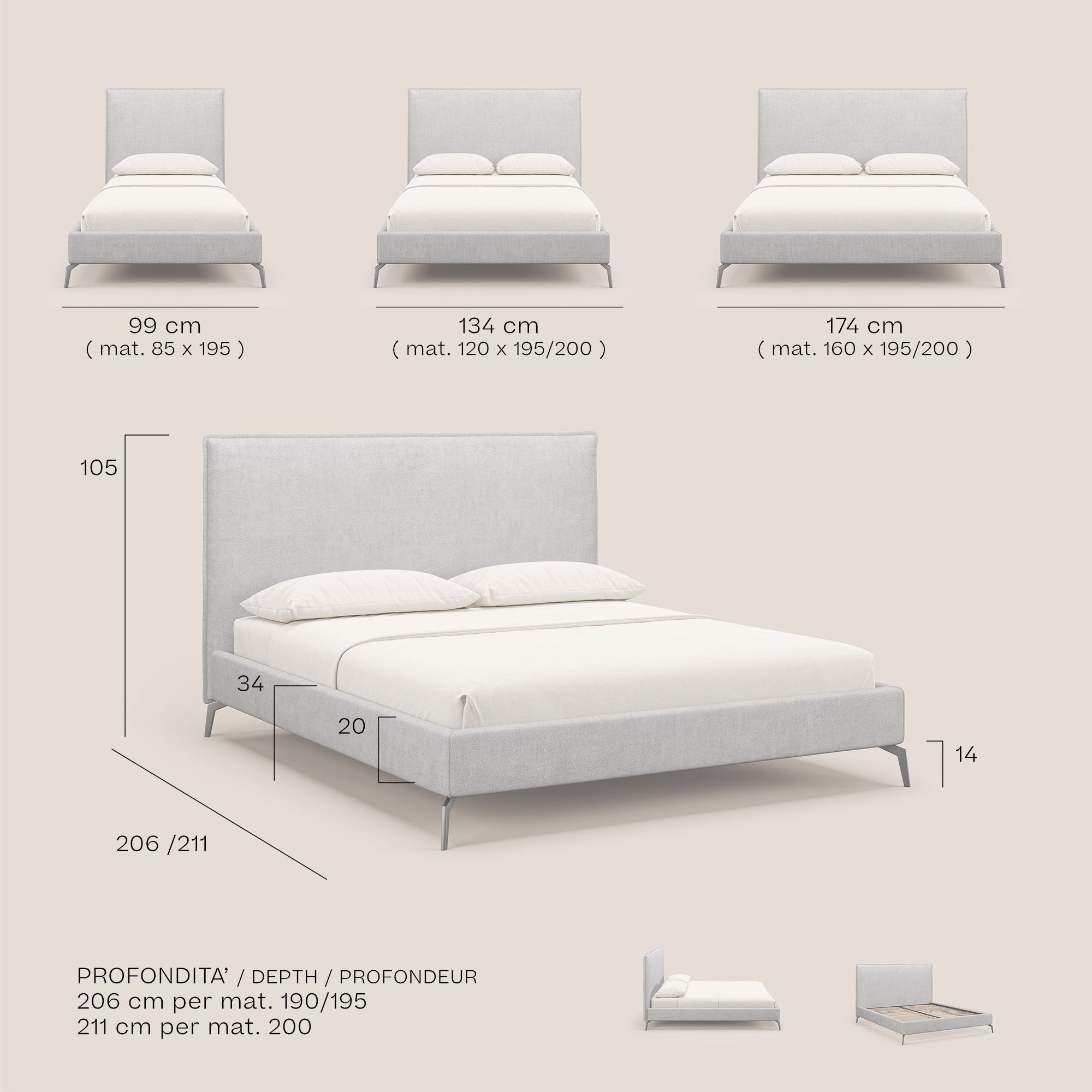 Iris letto imbottito con piedini neri sfoderabile in tessuto impermeabile T02 petrolio - divani.store