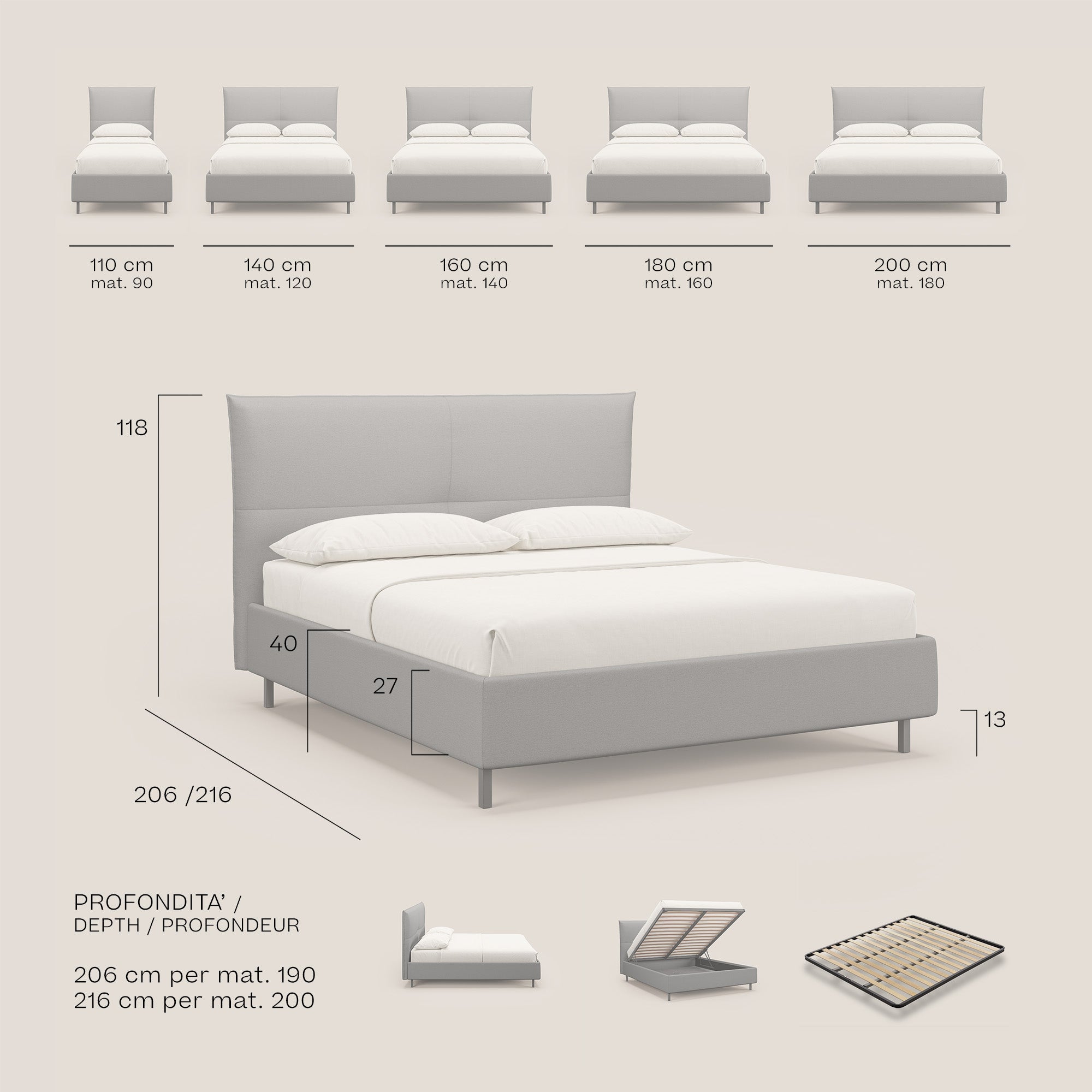 Izumi letto imbottito contenitore con piedi alti in tessuto smacchiabile T05 verde - divani.store