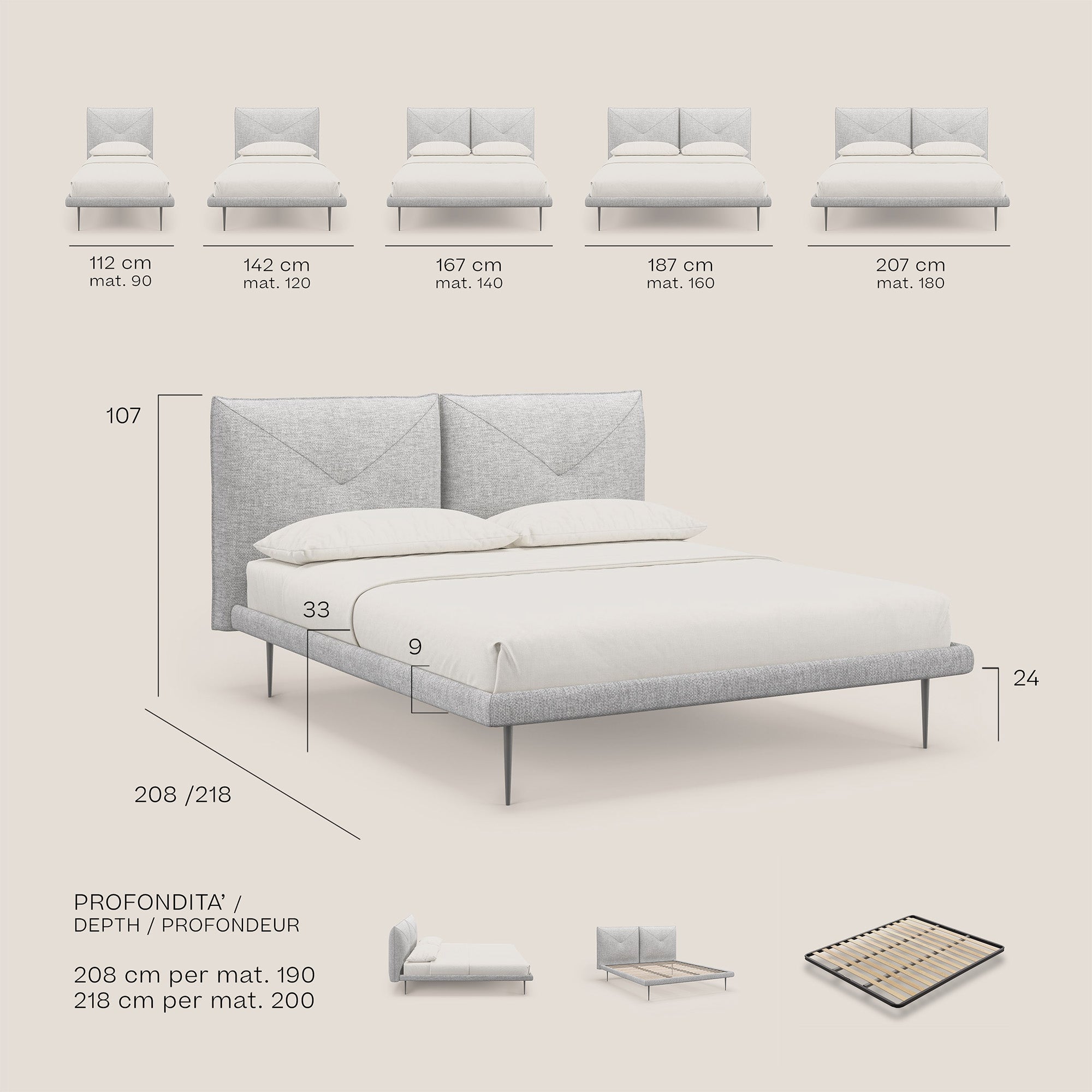 Jolie letto a doppio pannello con piedi alti in metallo in tessuto smacchiabile T18 giallo - divani.store