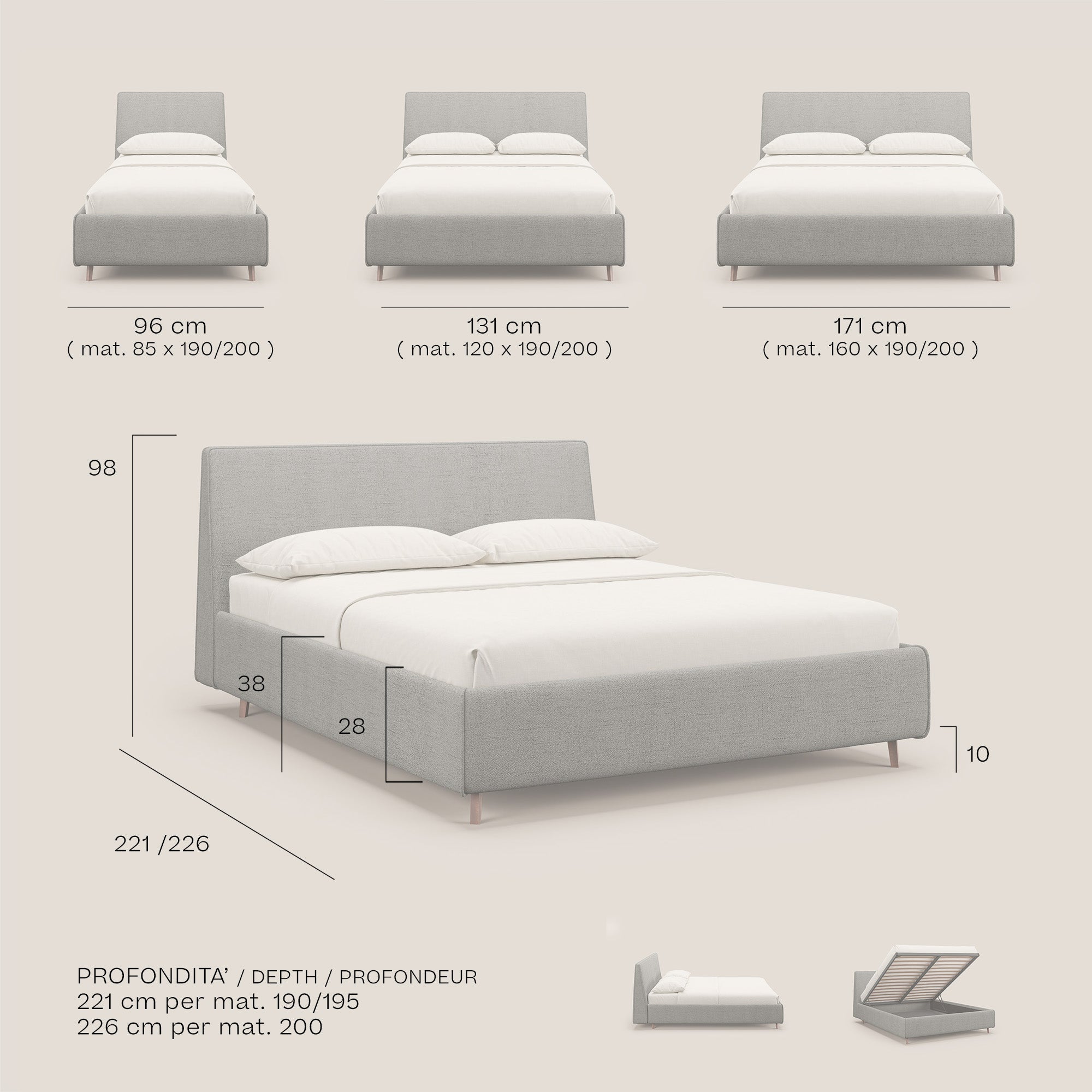 Justin letto imbottito contenitore e sfoderabile in tessuto fiammato impermeabile T03 beige - divani.store