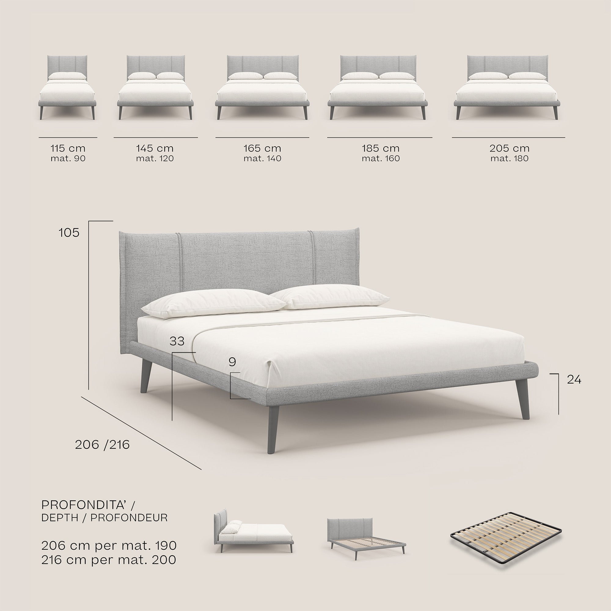 Klaus LETTO moderno con piedi in mogano e tessuto fiammato impermeabile T03 grigio - divani.store