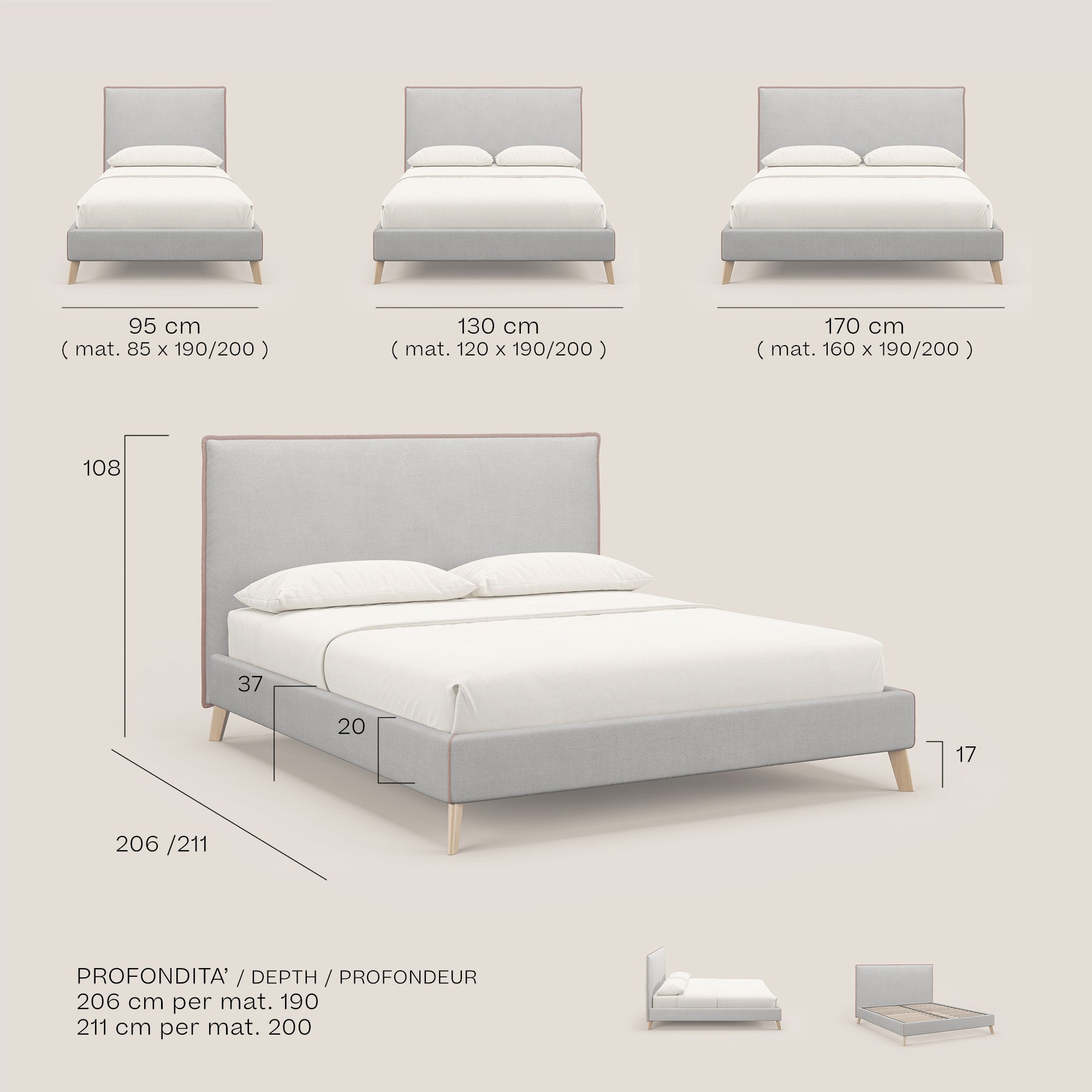 Leila letto imbottito con piedini legno in tessuto smacchiabile T17 blu - bianco - divani.store