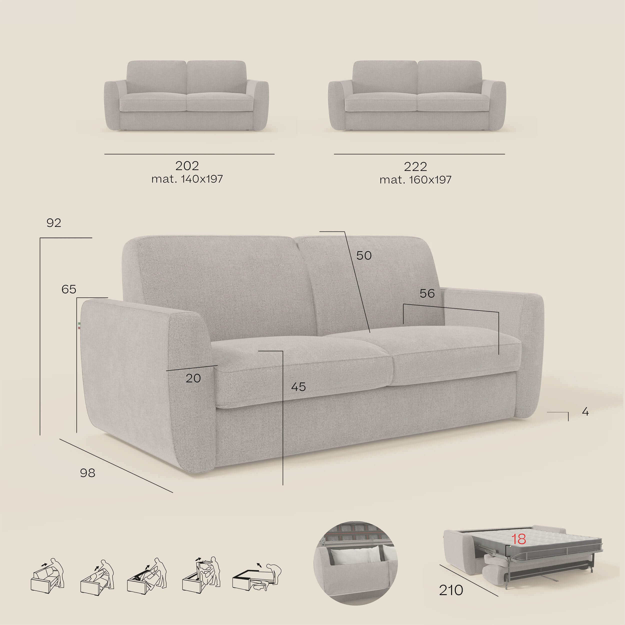 Leonida divano letto sfoderabile e materasso H18 cm - vano portaguanciali in tessuto Smacchiabile T23 beige