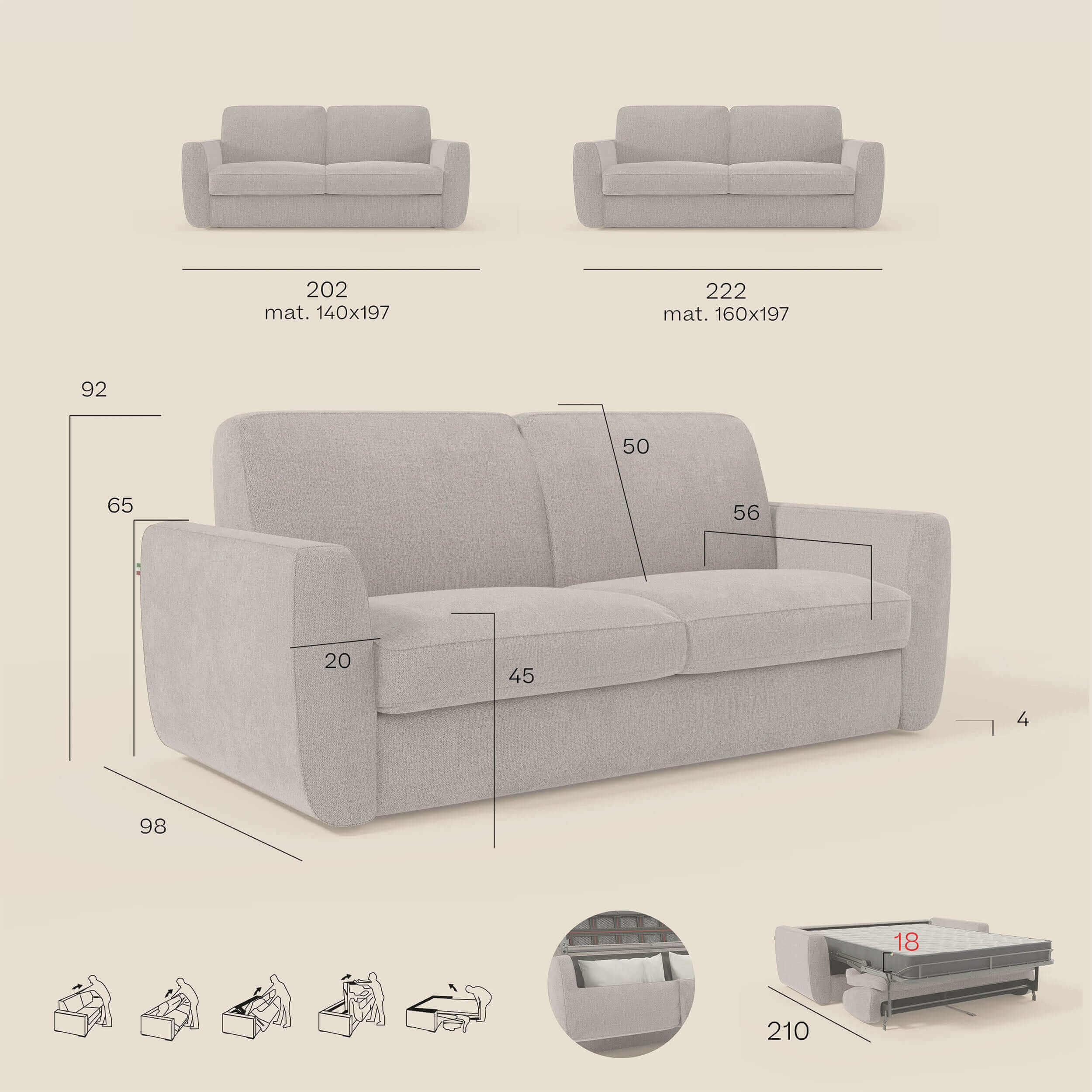 Leonida divano letto sfoderabile e materasso H18 cm - vano portaguanciali in tessuto Smacchiabile T23 blu grafite