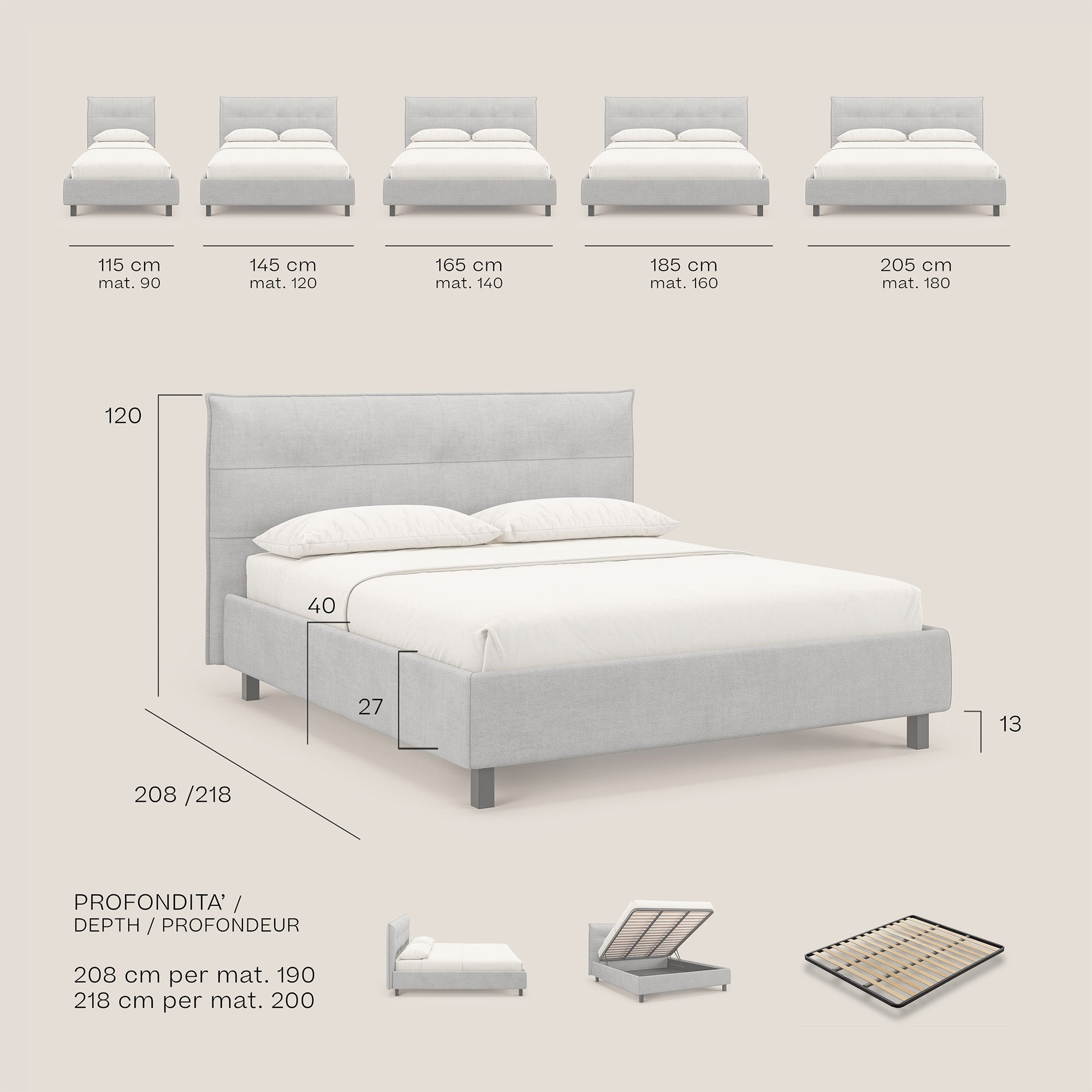 Liam letto contenitore con testata trapuntata in tessuto smacchiabile T17 beige - divani.store