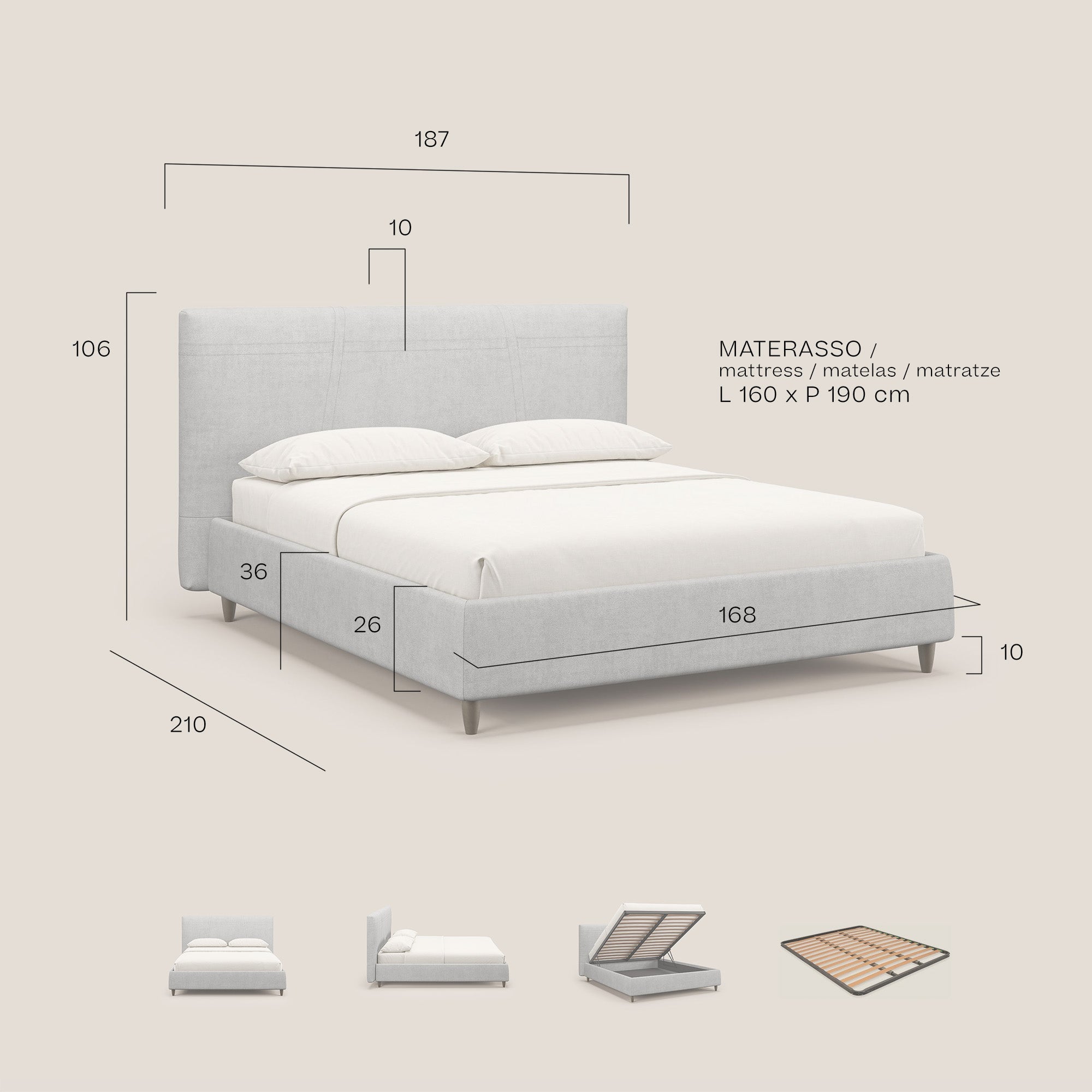 Martina letto imbottito contenitore in tessuto impermeabile T02 grigio chiaro - divani.store