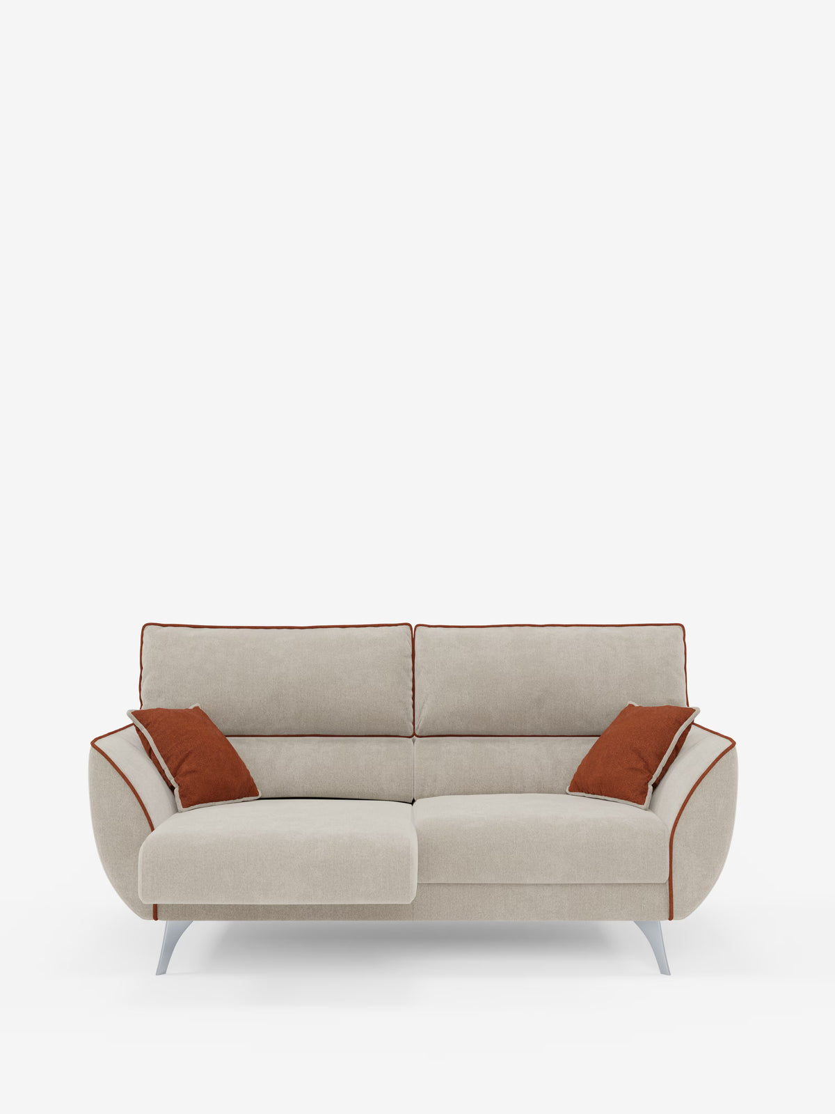 Un divano a due posti Michelangelo in beige chiaro contemporaneo di Divani.Store, realizzato in tessuto bicolore T23 resistente alle macchie, con un accattivante bordino arancione e eleganti gambe in metallo. Questo divano moderno include due cuscini decorativi arancioni abbinati su entrambi i lati, completati da sedute estensibili e poggiatesta regolabili. Su uno sfondo bianco a tinta unita, il design esalta l’eleganza minimalista di questo raffinato divano bicolore.