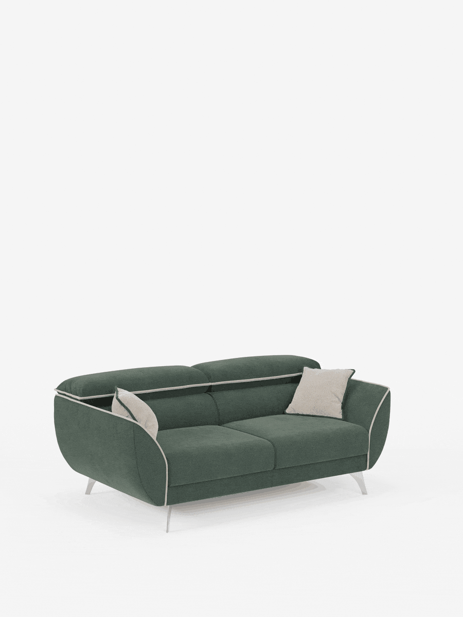 Vi presentiamo il divano Michelangelo a 2 e 3 posti di Divani.Store: un divano contemporaneo bicolore realizzato in tessuto T23 facile da pulire, caratterizzato da un elegante design verde e bianco con bordino bianco, braccioli arrotondati, gambe argentate e due cuscini decorativi chiari. Dotato di sedute allungabili e poggiatesta reclinabili regolabili per un comfort personalizzabile e un maggiore sostegno, è l’ideale per chi è alla ricerca di soluzioni di seduta versatili. Presentato su uno sfondo bianco