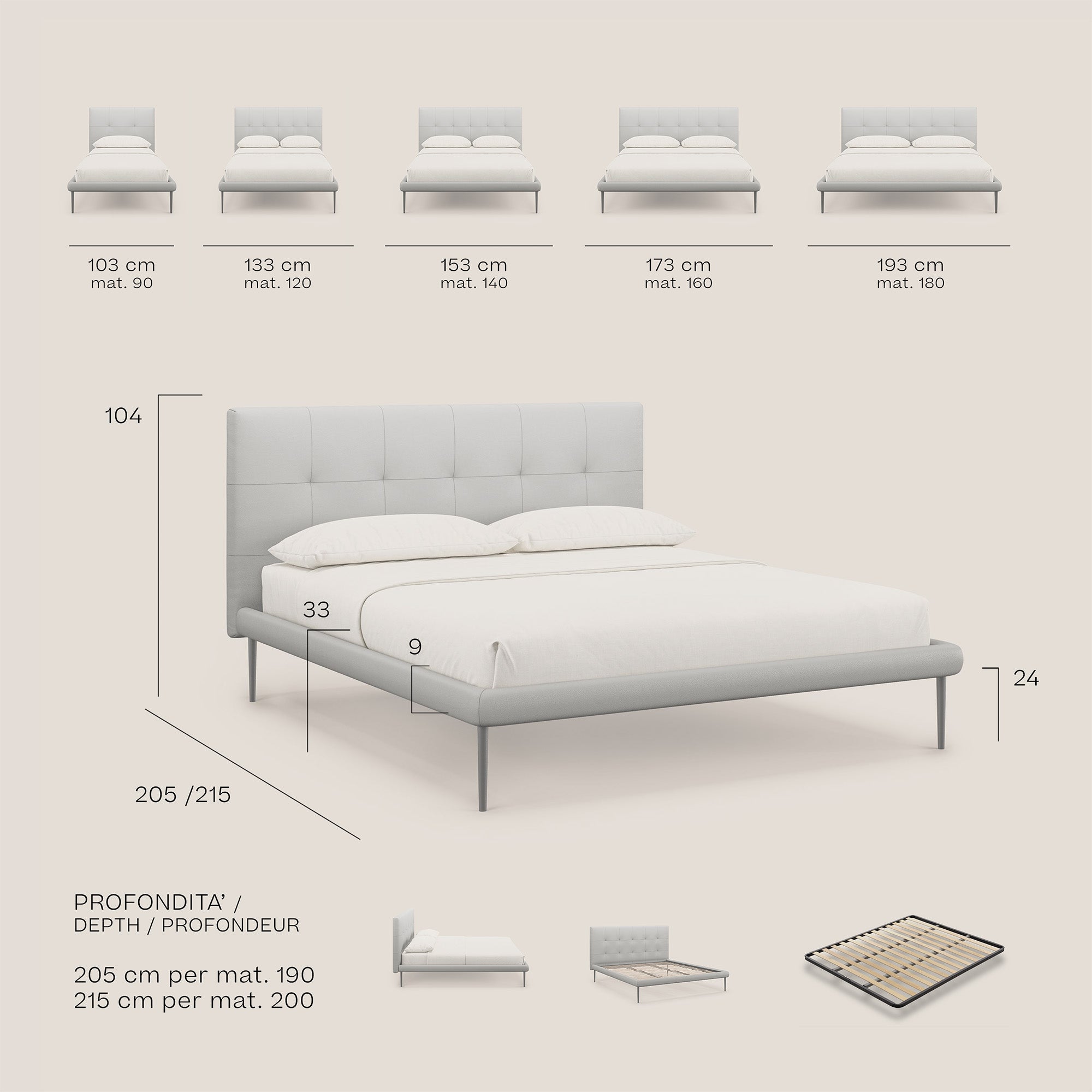 Midori letto imbottito trapuntato in ecopelle con piedini alti T04 blu - divani.store