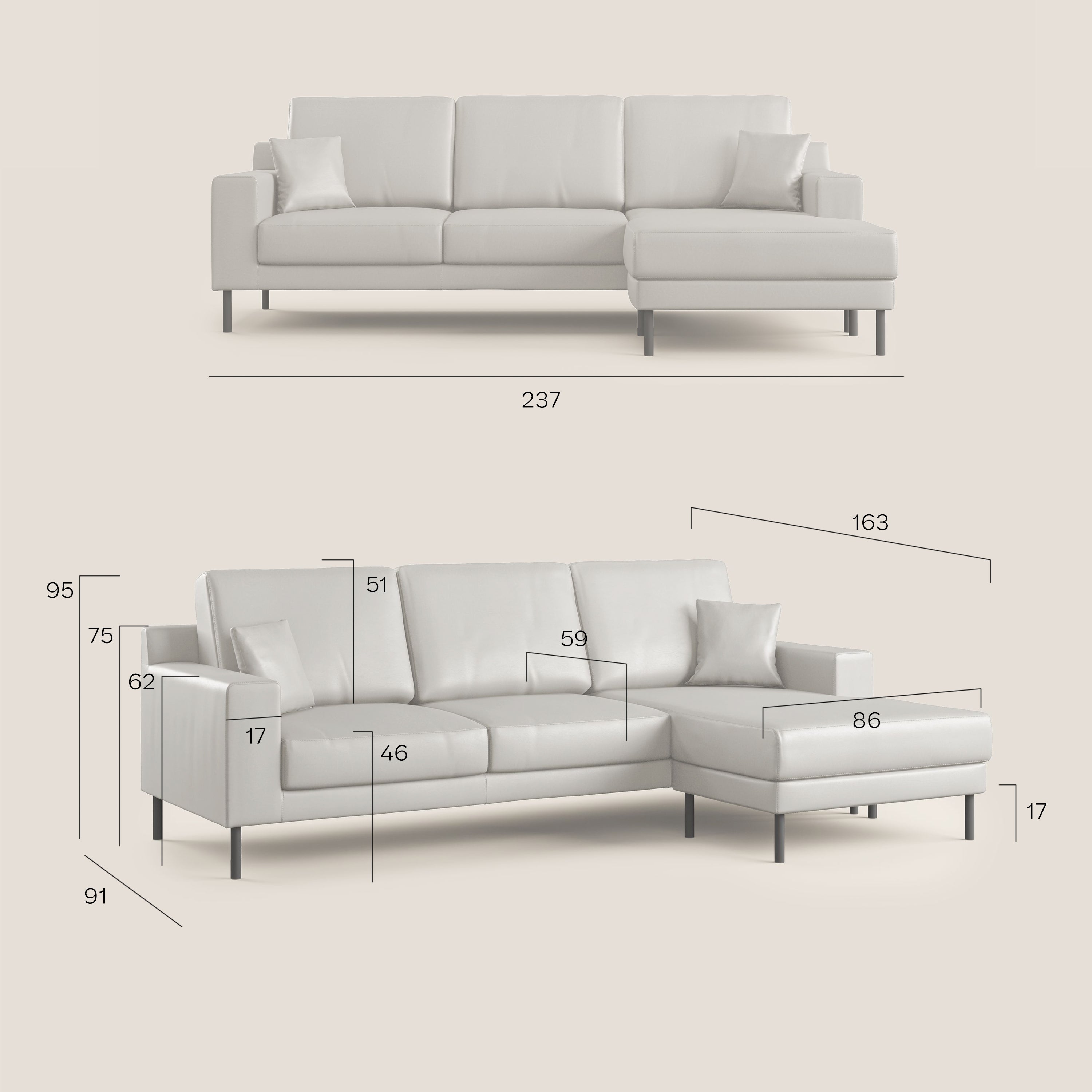 Uranio divano angolare moderno REVERSIBILE in Ecopelle impermeabile T04 panna - divani.store