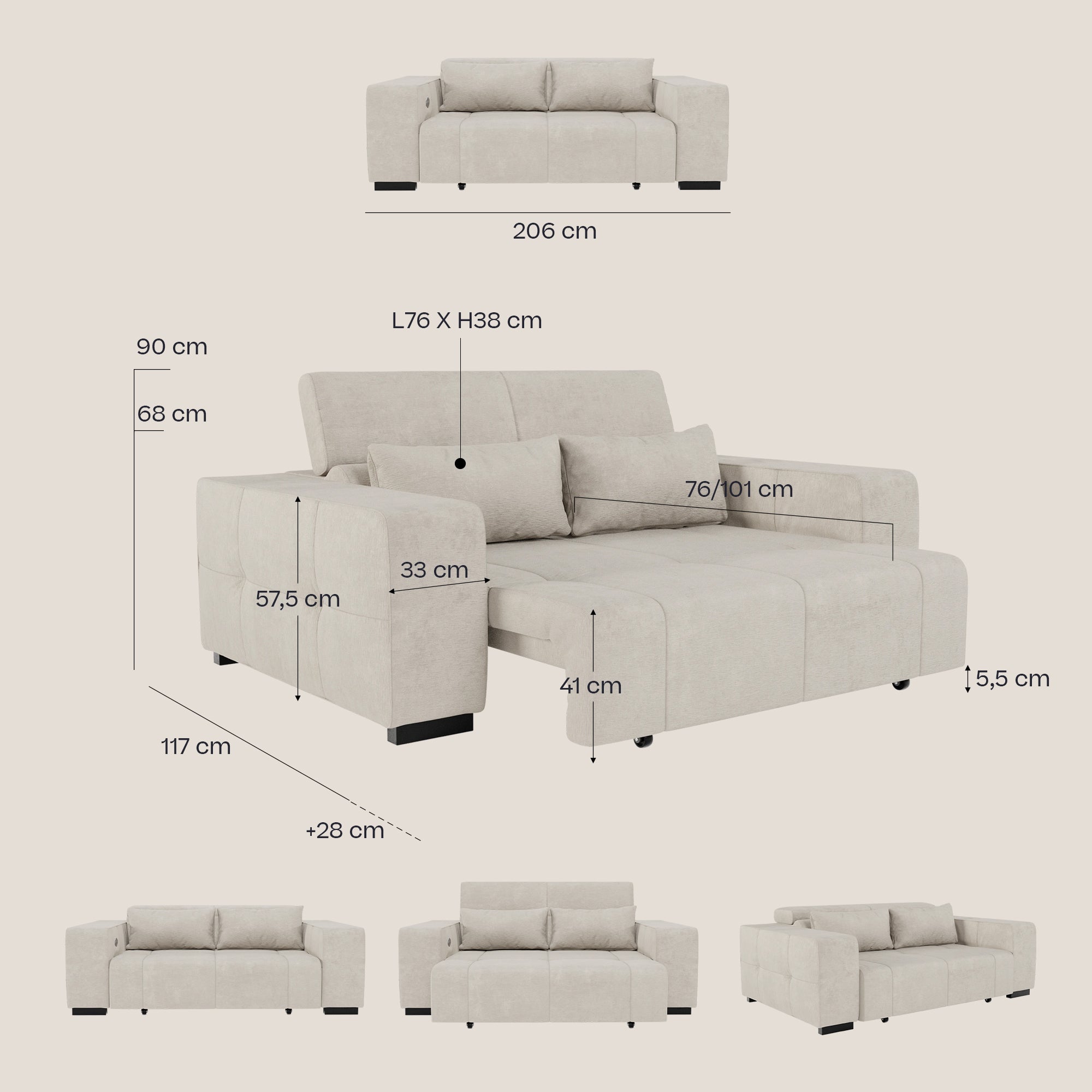 Monarch Divano con Relax Elettrico per allungamento sedute e Poggiatesta Reclinabile in tessuto morbido smacchiabile T31 - divani.store