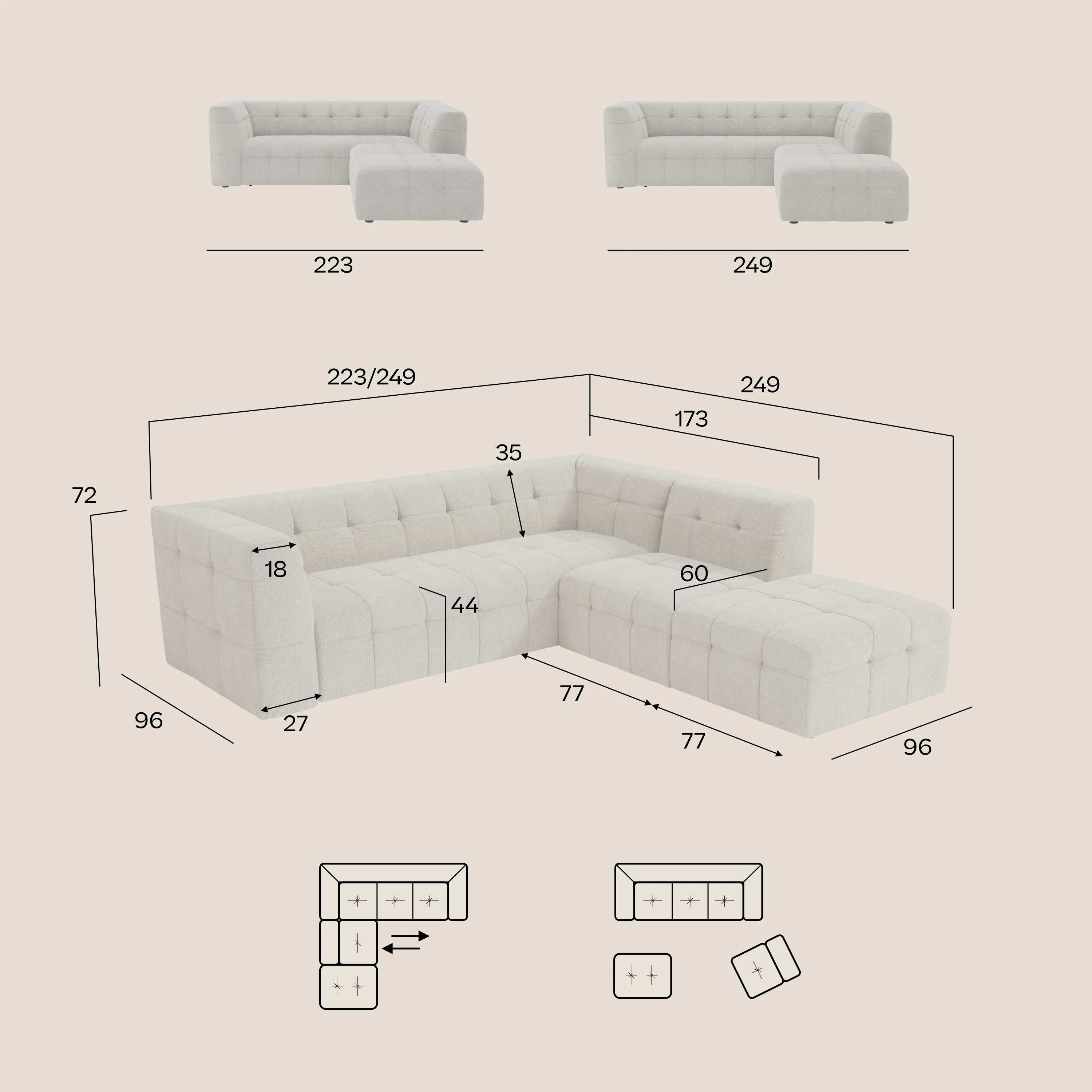 Tre viste del divano angolare componibile e modulare in bouclé Mosaic di Divani.Store, presentato in bianco con pouf. Per questo divano smacchiabile in tessuto T21 capitonné sono illustrate le dimensioni in centimetri e le varie configurazioni di allestimento.