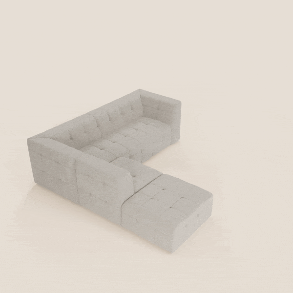 Il divano angolare componibile e modulare Mosaic in bouclé di Divani.Store è caratterizzato da un ciuffo capitonné e da un tessuto antimacchia T21, che si trasforma facilmente in chaise lounge, biposto o pouf per un salotto modulare contemporaneo.