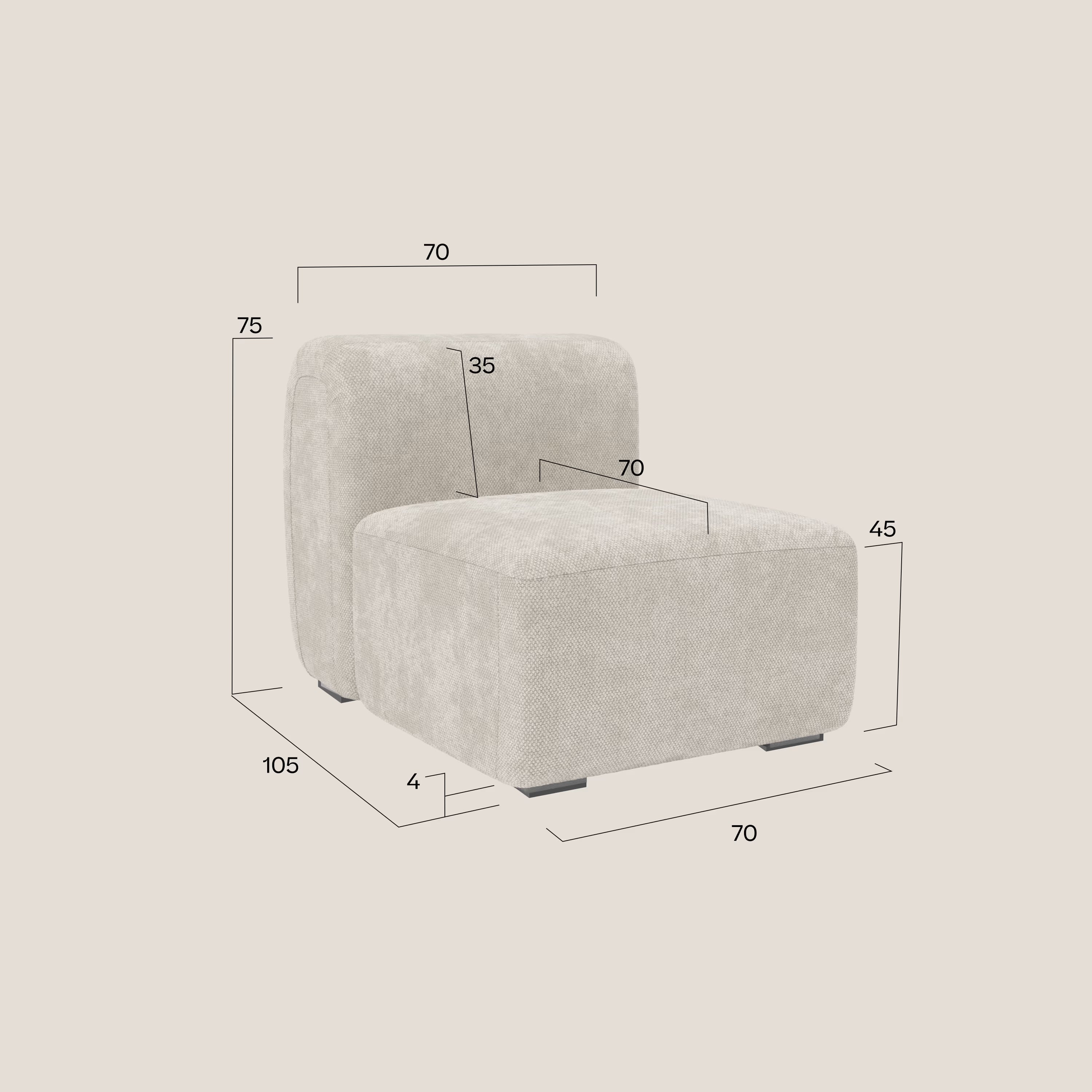 BonBon Zentralmodul 70 cm – Sessel oder modulares Element aus abwaschbarem Stoff T23 creme