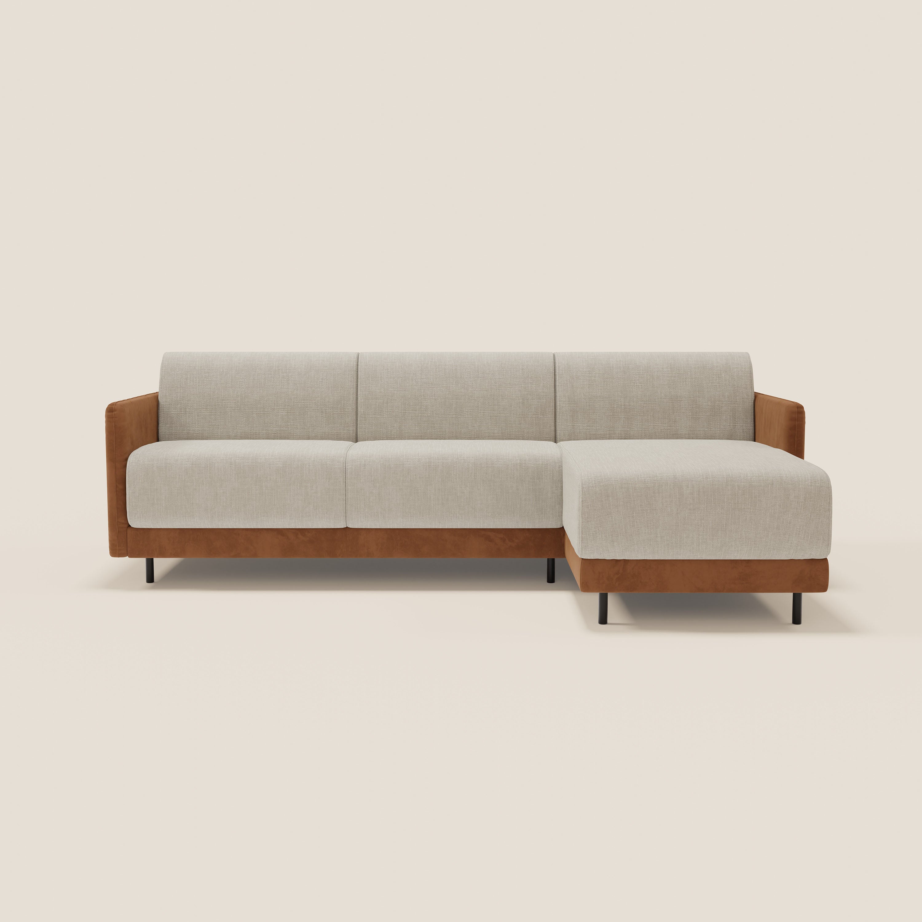 Narciso divano letto angolare con materasso alto 18 cm e penisola contenitore in tessuto bicolore impermeabile T11 e T06 - divani.store