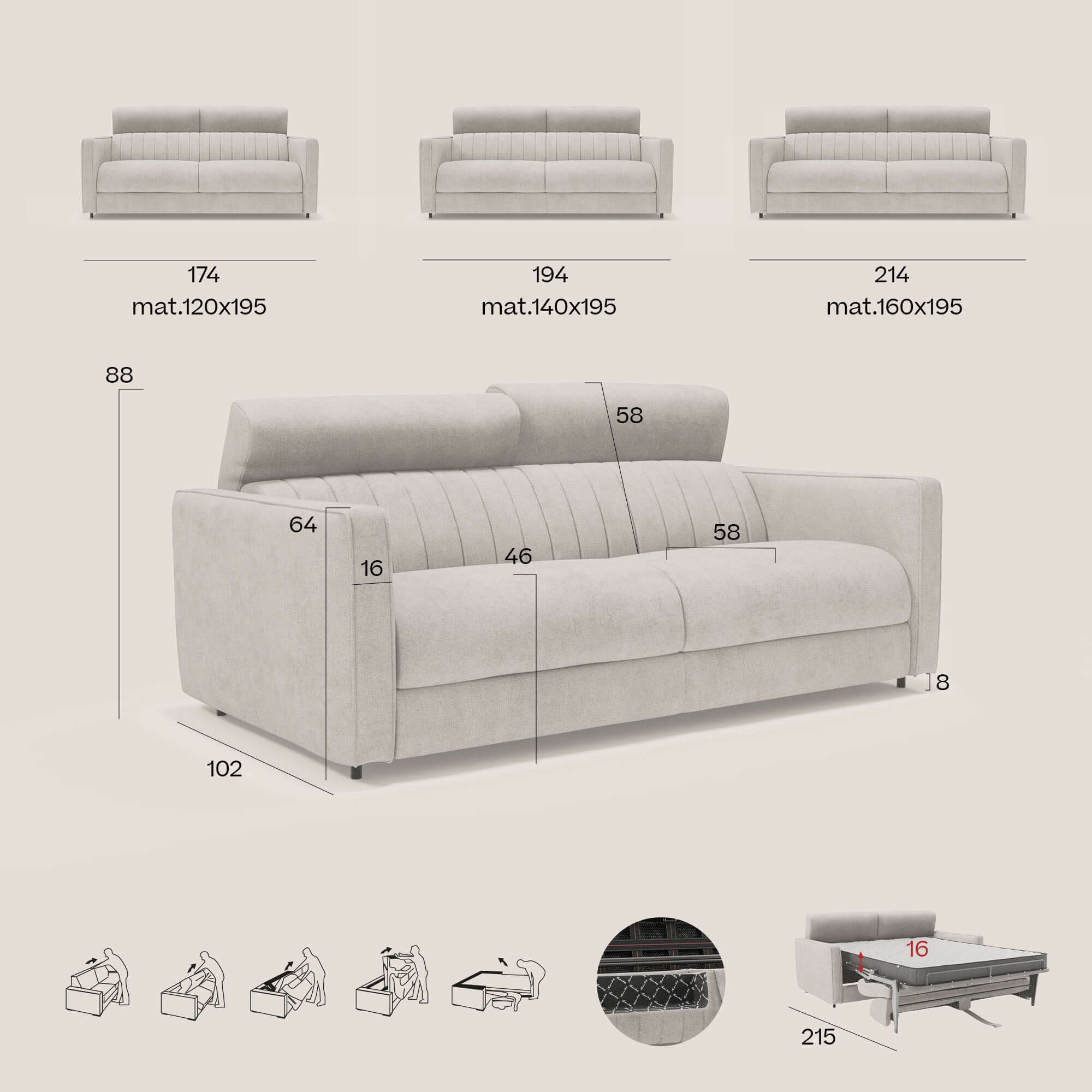 Nivon Divano letto moderno materasso H16 cm con poggiatesta in tessuto impermeabile T25 arancione bruciato
