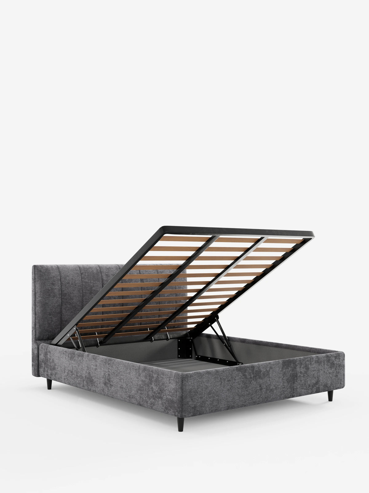 Un letto imbottito ONYX con contenitore e testiera verticale in tessuto certificato Oeko-Tex®: un letto imbottito grigio con contenitore, dotato di una testiera alta a pannelli verticali, rete a doghe sollevabile e gambe affusolate scure.