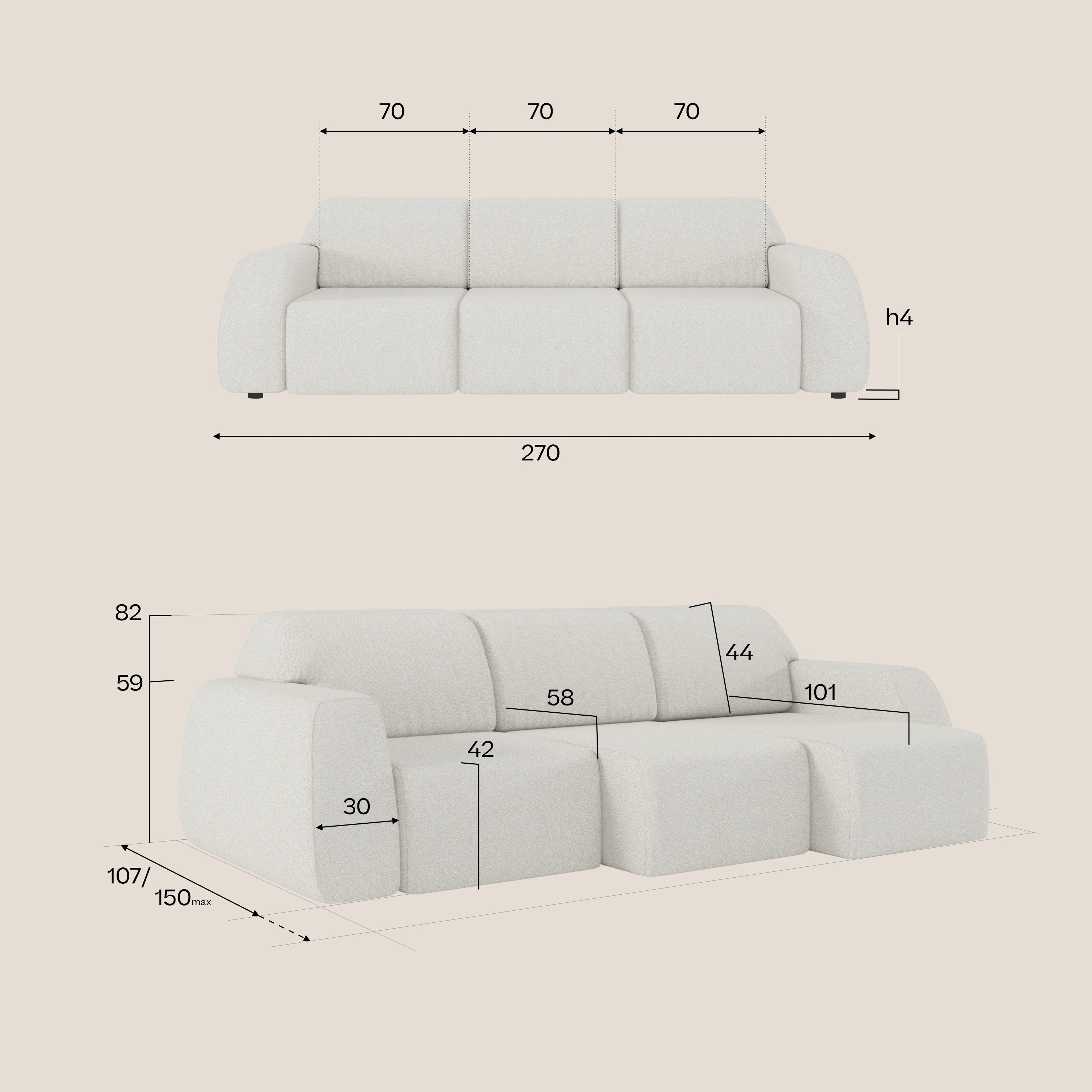 Orbit divano con 3 sedute scorrevoli e allungabili in tessuto effetto cotone smacchiabile T33 - divani.store