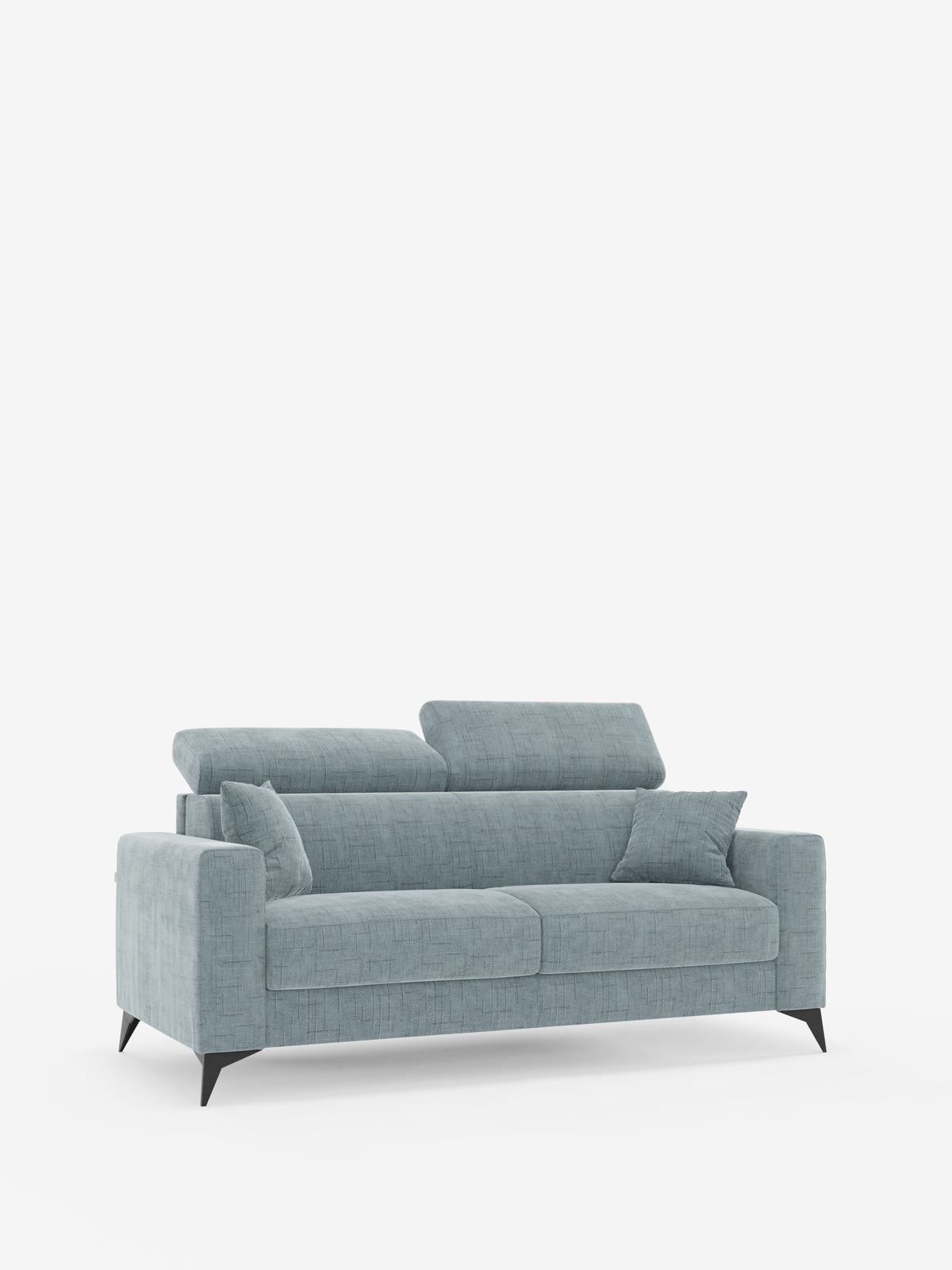 Un moderno divano letto matrimoniale Pegaso di Divani.Store, rivestito in tessuto jacquard antimacchia T22 di colore azzurro, è dotato di due cuscini di seduta, due cuscini e poggiatesta regolabili. Appoggiato su sottili gambe nere su uno sfondo bianco a tinta unita, questo divano presenta linee pulite e un design minimalista, trasformandosi con facilità in un comodo letto per spazi abitativi versatili.