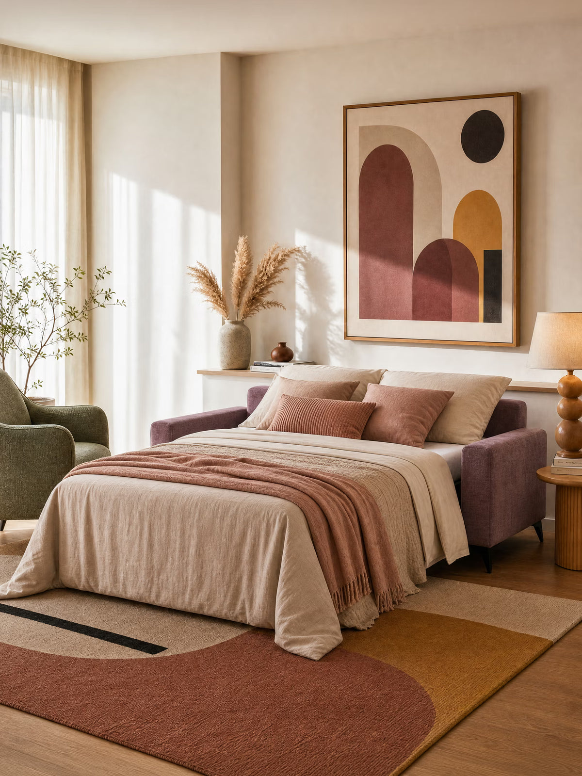 Una camera da letto moderna presenta un letto rifatto, rivestito con biancheria da letto nei toni del taupe e del rosa cipria, con cuscini abbinati e un copriletto color ruggine. Sopra il letto è appesa un’opera d’arte geometrica; una lampada, un vaso e alcuni oggetti decorativi sono disposti con eleganza su una mensola. La calda luce del sole filtra attraverso le tende trasparenti, illuminando una sedia verde e una pianta lì vicino, che si integrano perfettamente con l’estetica contemporanea dello spazio.