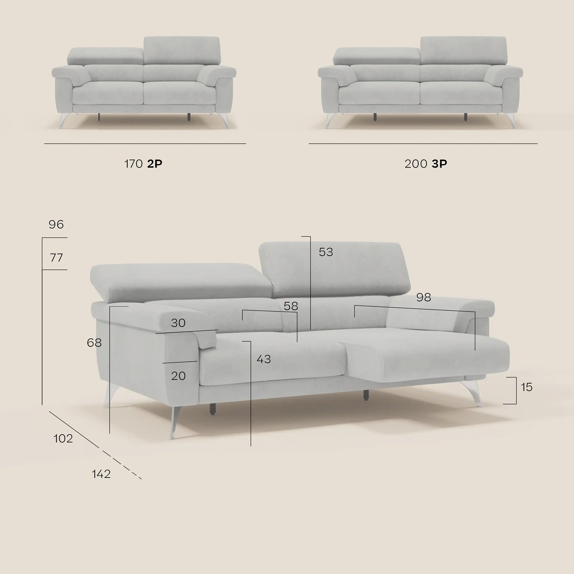 Raffaello sofa  mit ausziehbaren Sitzen und verstellbaren Kopfstützen aus abwaschbarer Mikrofaser T11 grau