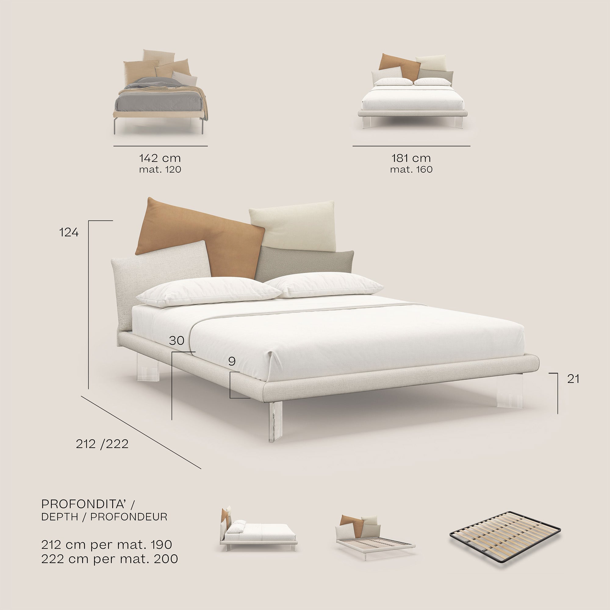 Rebus letto imbottito dal design moderno con piedi trasparenti in plexiglass petrolio - divani.store
