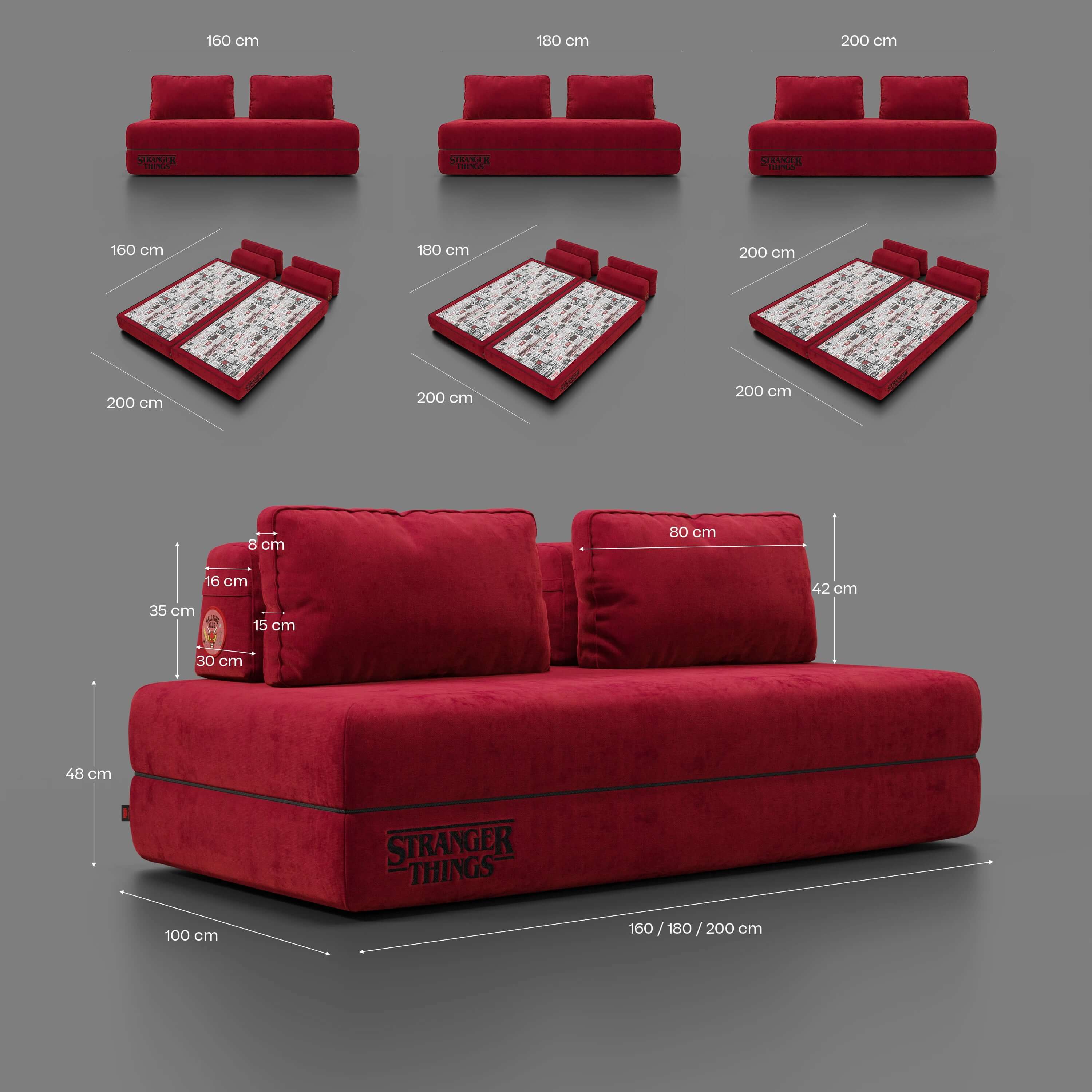 Rift divano letto matrimoniale STRANGER THINGS Edition 2 posti e 3 posti con schienali mobili - materasso alto 22 cm e memory foam in tessuto smacchiabile Rosso