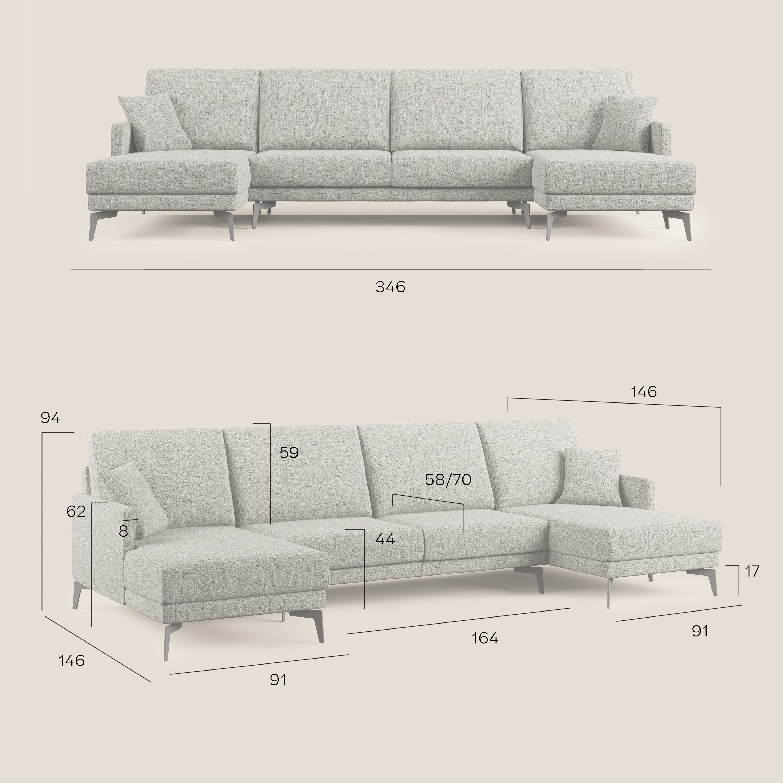 Saturno divano panoramico moderno in tessuto morbido impermeabile T03 talpa - divani.store