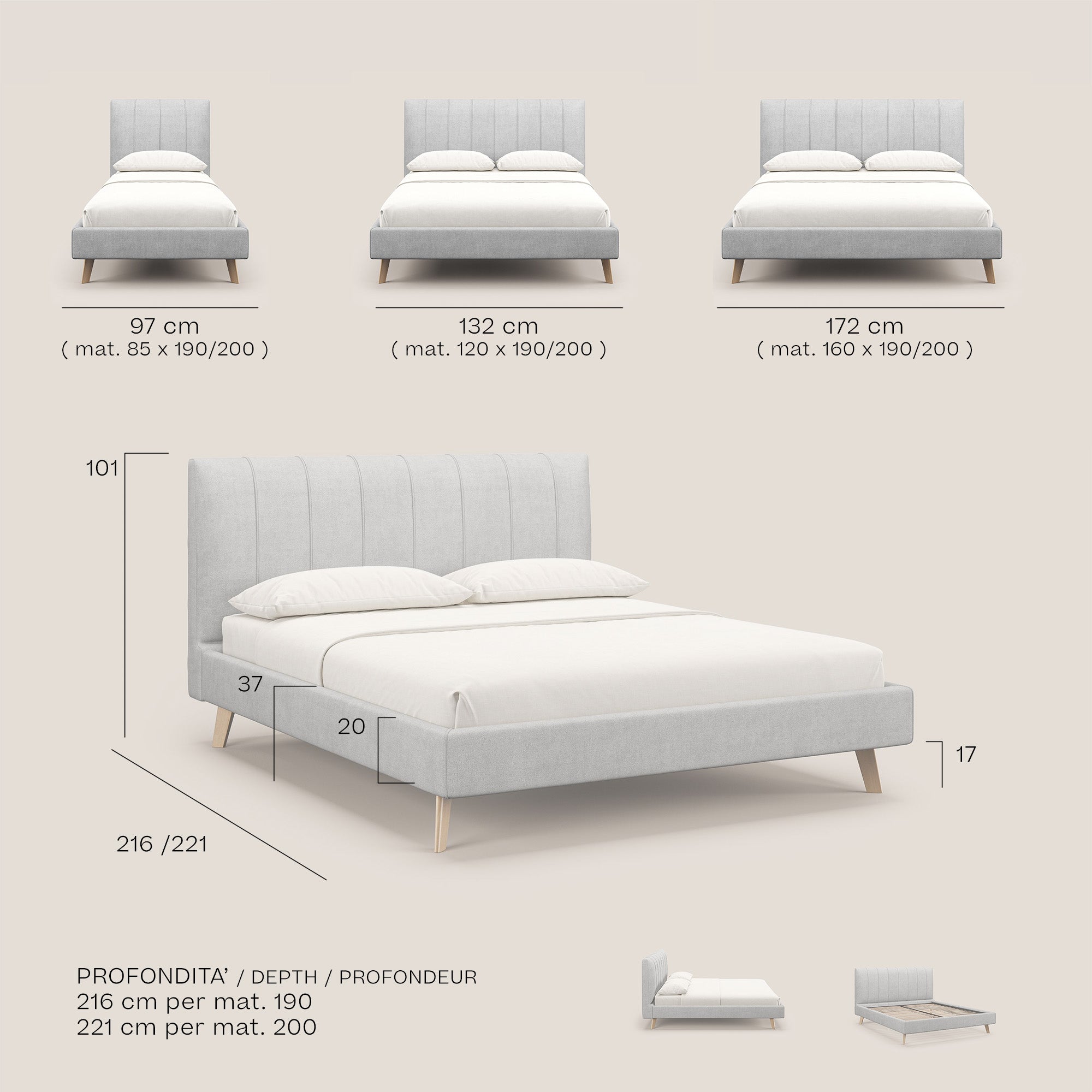 Selene letto imbottito con piedini naturali sfoderabile in tessuto impermeabile T02 grigio - divani.store