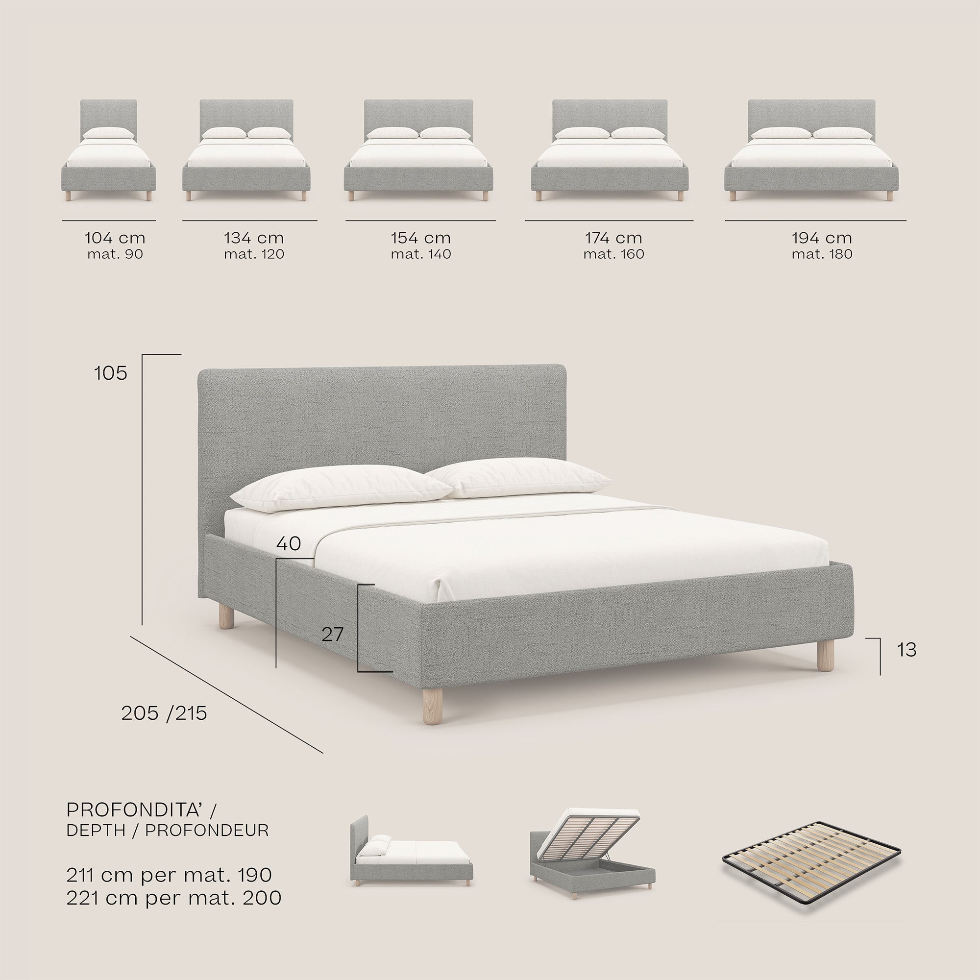 Serena letto contenitore salvaspazio scandinavo in tessuto fiammato impermeabile T03 beige - divani.store