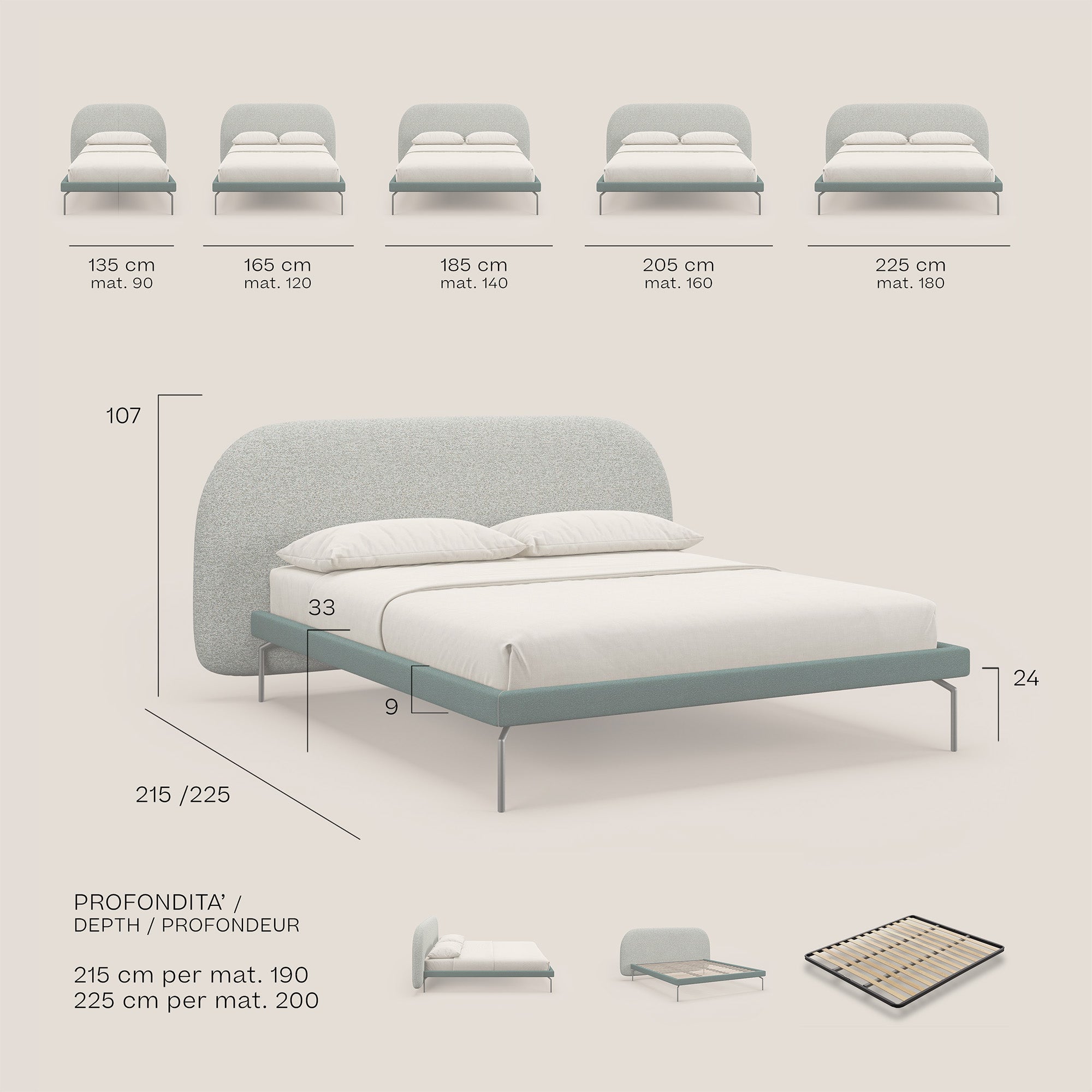 Soleil letto imbottito di design con piedi alti in metallo in bouclet smacchiabile T12 panna - divani.store