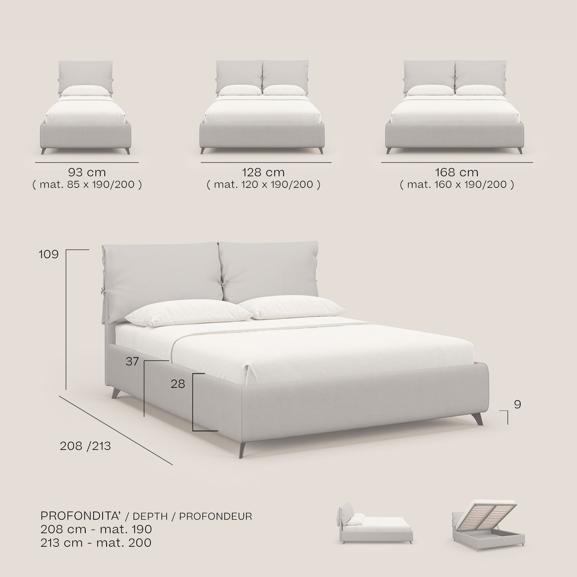Susan letto imbottito contenitore completamente sfoderabile in microfibra smacchiabile T11 grigio chiaro - divani.store