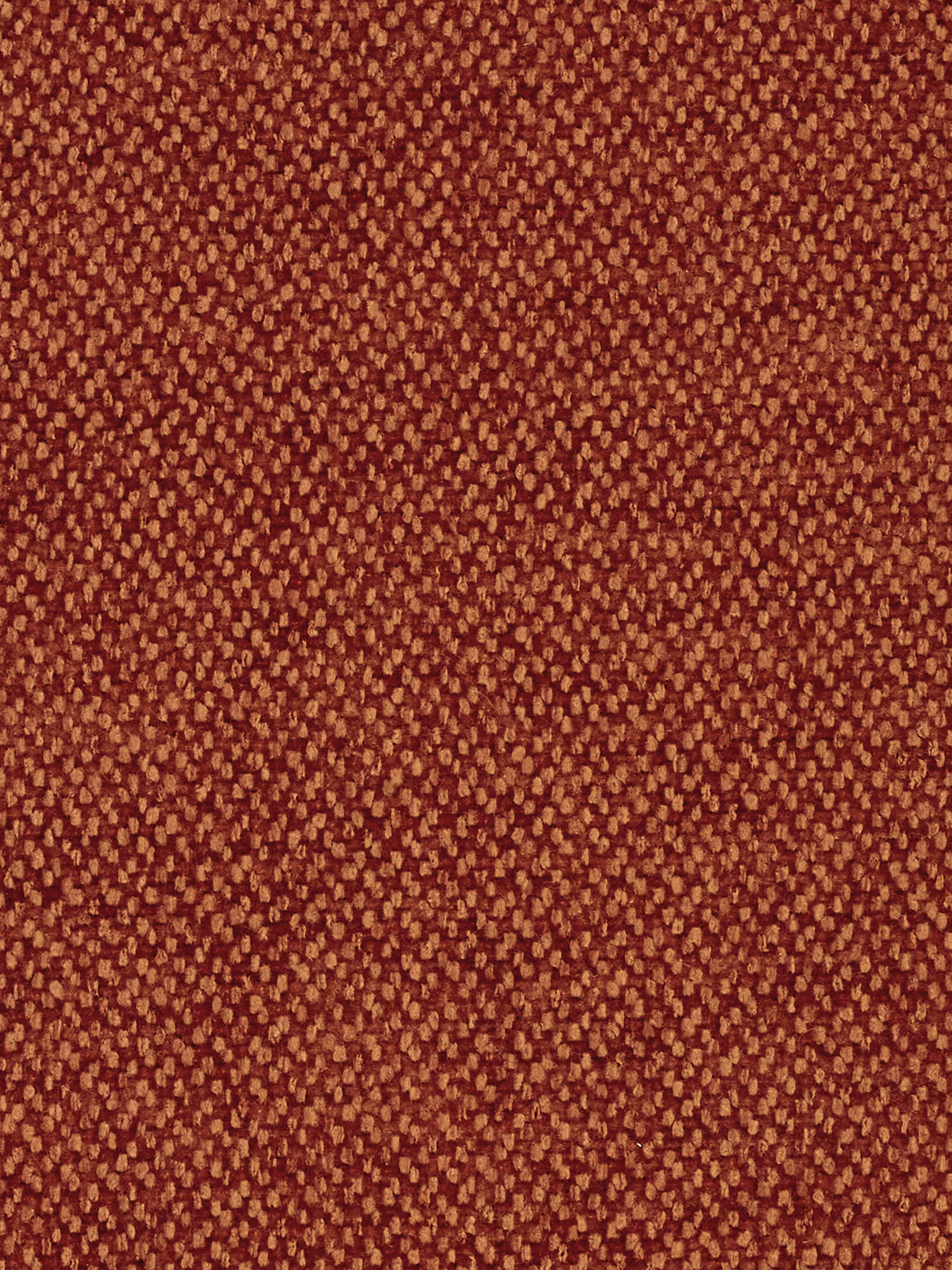 Primo piano di un tessuto a trama rigata, dalle ricche tonalità rosso-marroni. La superficie è costituita da piccole forme circolari o ovali, ravvicinate tra loro, che conferiscono al tessuto una consistenza densa e soffice, dall’aspetto morbido e lussuoso: un abbinamento ideale per il divano angolare bicolore con penisola e sedute estensibili Michelangelo di Divani.Il modello, dotato di poggiatesta reclinabili, è realizzato in tessuto T23 di facile pulizia.