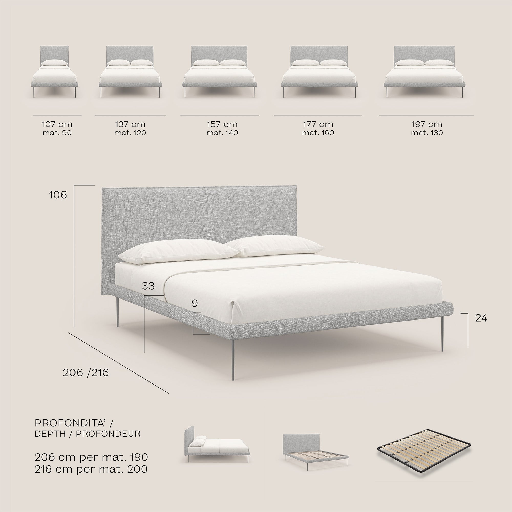 Theo letto imbottito moderno sfoderabile con piedi alti in metallo in tessuto impermeabile T10 grigio chiaro - divani.store