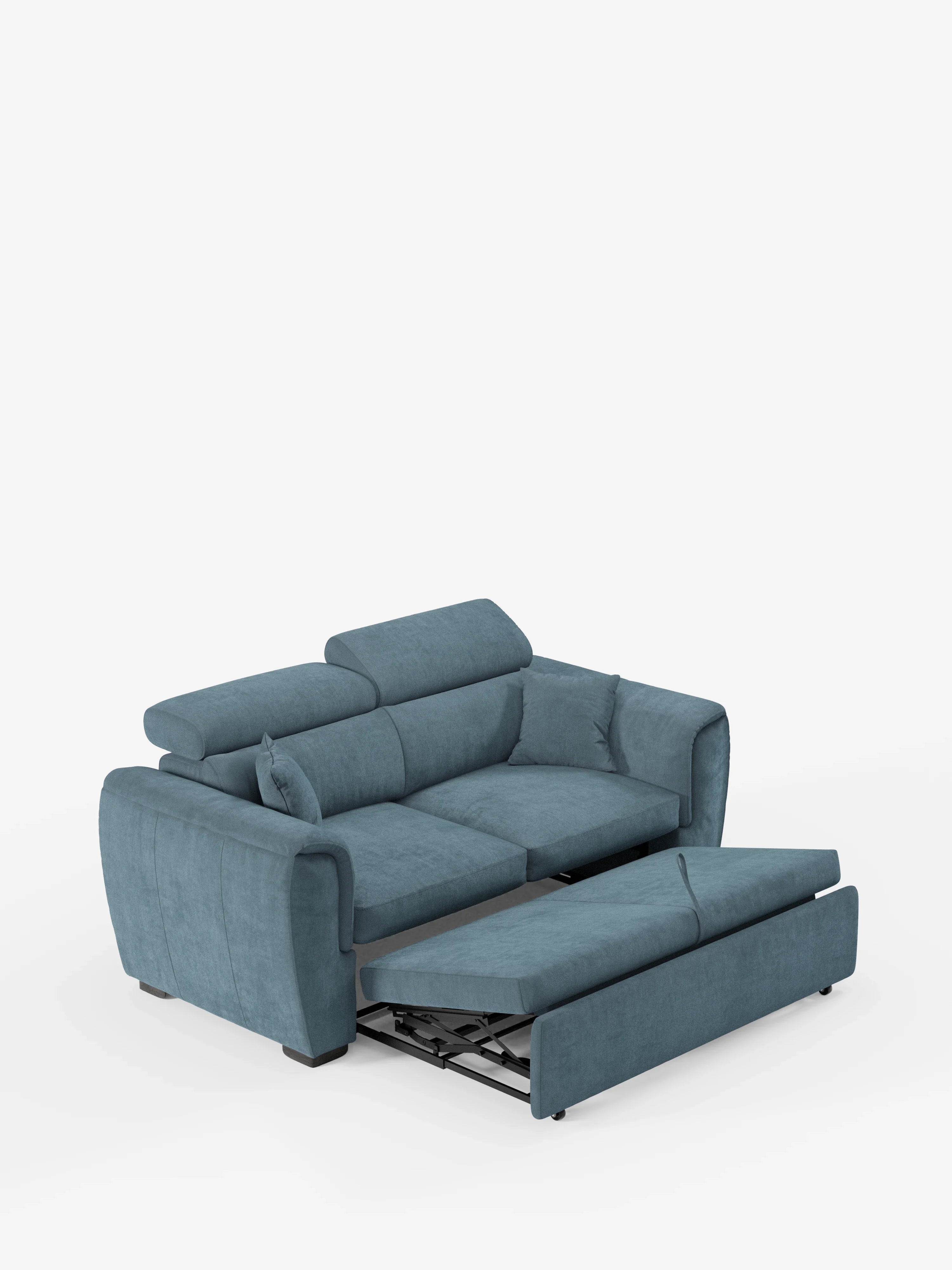 Un divano moderno blu Titano a 2 posti estraibile con poggiatesta reclinabili in tessuto smacchiabile Oeko-Tex® di Divani.Store: questo divano presenta poggiatesta regolabili e una comoda sezione estraibile che si allunga in avanti per creare una superficie piana ideale per dormire o rilassarsi. Su uno sfondo bianco a tinta unita, l’immagine mette in risalto il colore vivace e il design elegante di questo divano moderno.
