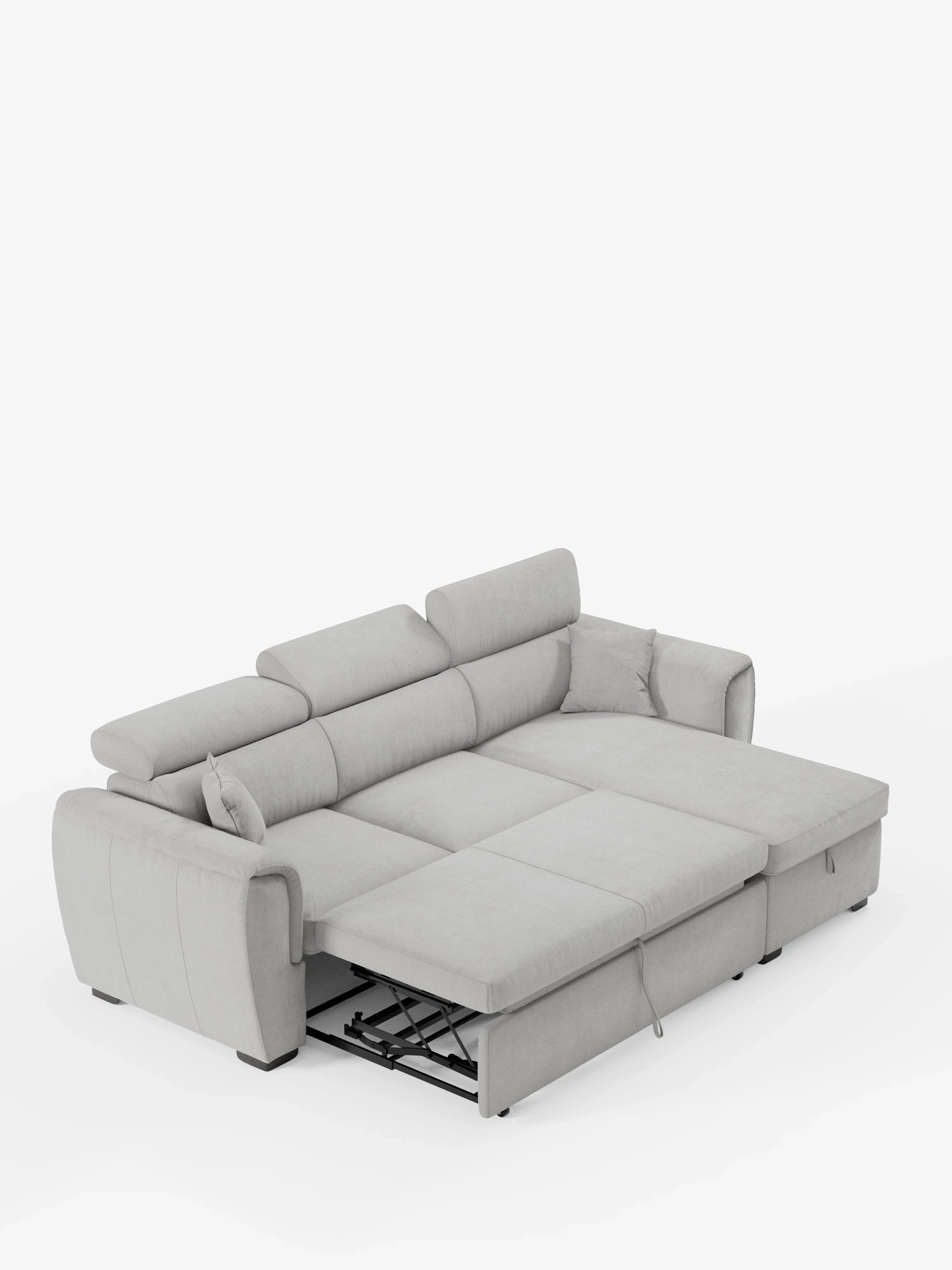 Il divano letto Titano con penisola reversibile e contenitore di Divani.Store è qui presentato nella versione grigio chiaro, con poggiatesta reclinabili e tessuto facile da pulire. Mostrato nella versione estesa in un ampio letto, questo moderno divano componibile include una chaise longue reversibile sulla destra e due cuscini coordinati. Sullo sfondo bianco a tinta unita, il design contemporaneo e la versatilità multifunzionale del divano risaltano magnificamente.