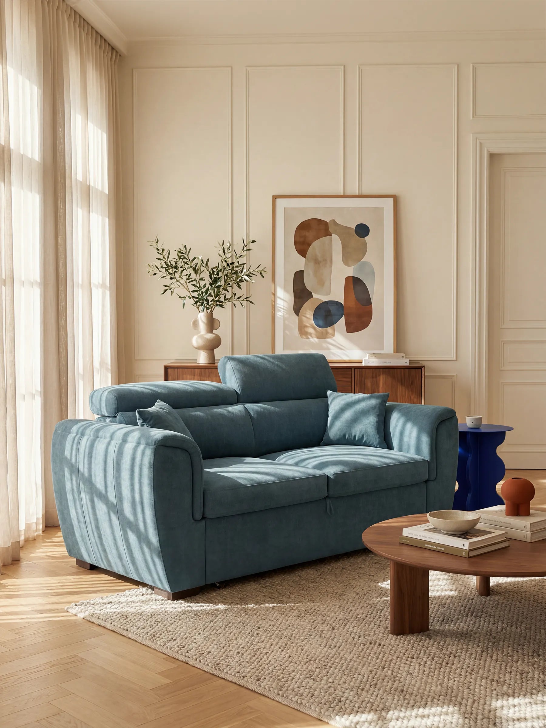 Soggiorno inondato di luce, arredato con il divano Titano a 2 posti estraibile con poggiatesta reclinabili in tessuto smacchiabile Oeko-Tex® di Divani.Store, color blu, abbinato a un tavolino in legno con decorazioni sul piano. Lo spazio comprende un'ampia finestra adornata da tende trasparenti, una credenza in legno, un quadro astratto incorniciato, un vaso con piante verdi e pareti rivestite con pannelli chiari, che conferiscono all'ambiente un'estetica calda, accogliente e moderna.