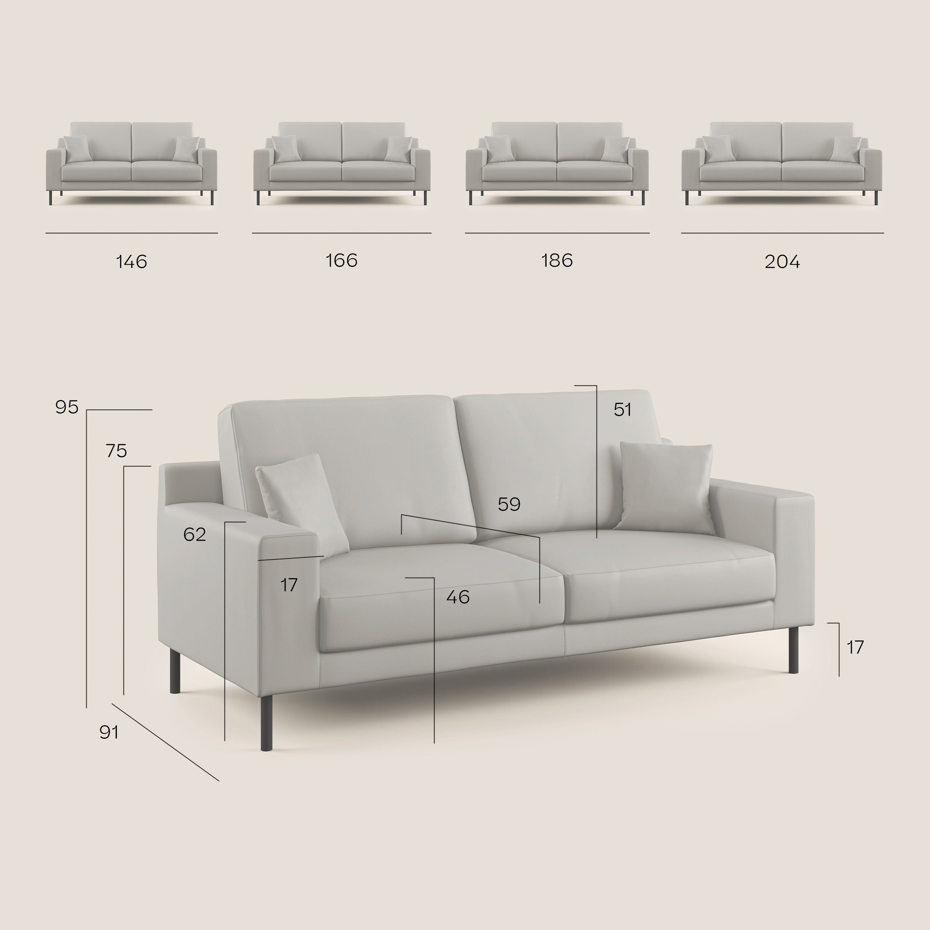 Uranio divano moderno lineare in Ecopelle impermeabile T04 grigio chiaro - divani.store