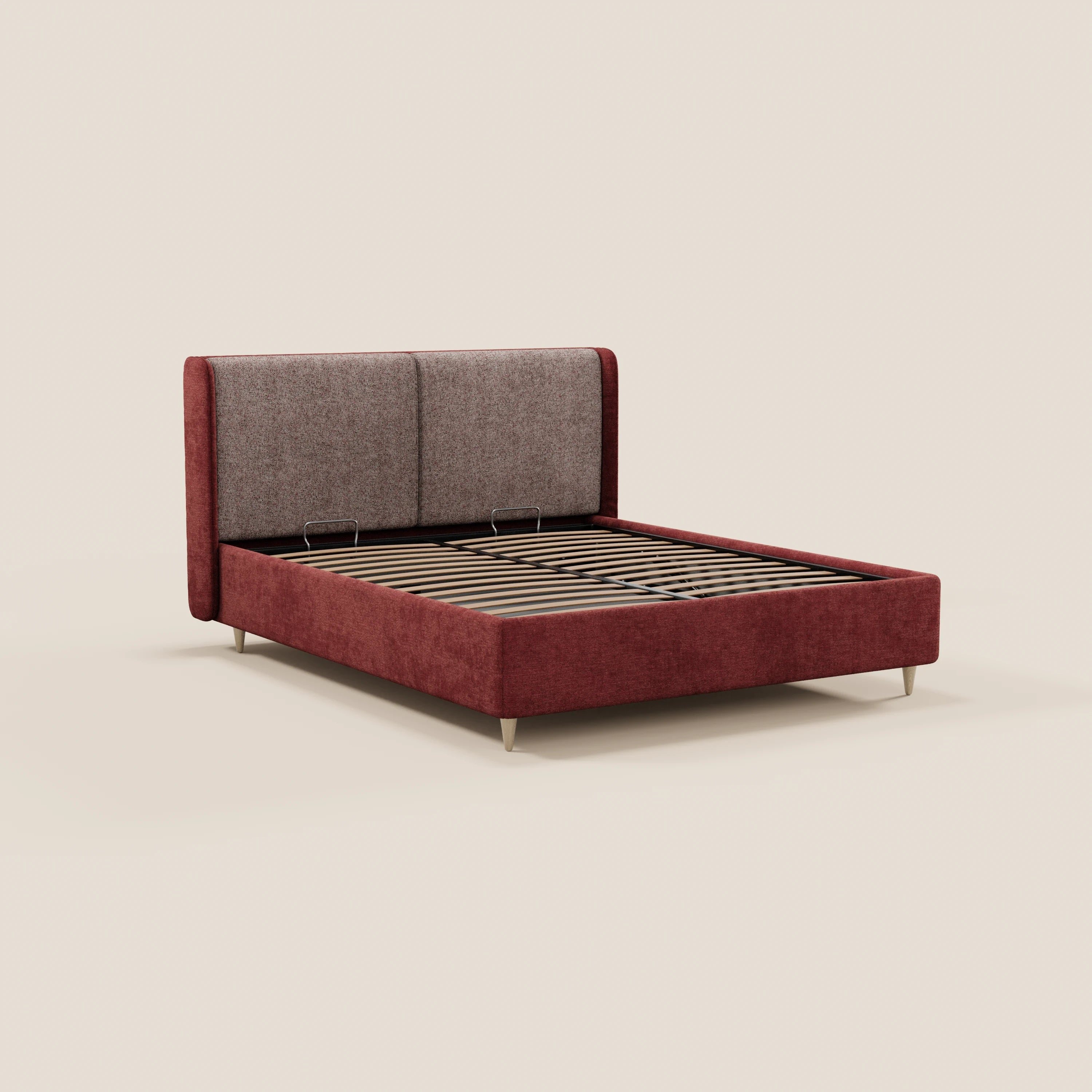 Il letto imbottito VALKIRIA di Letti.store presenta una base rivestita bicolore, una testiera curva e avvolgente con schienali imbottiti, doghe in legno a vista e gambe corte in metallo angolate: perfetto per gli interni moderni. Include un pratico vano contenitore.