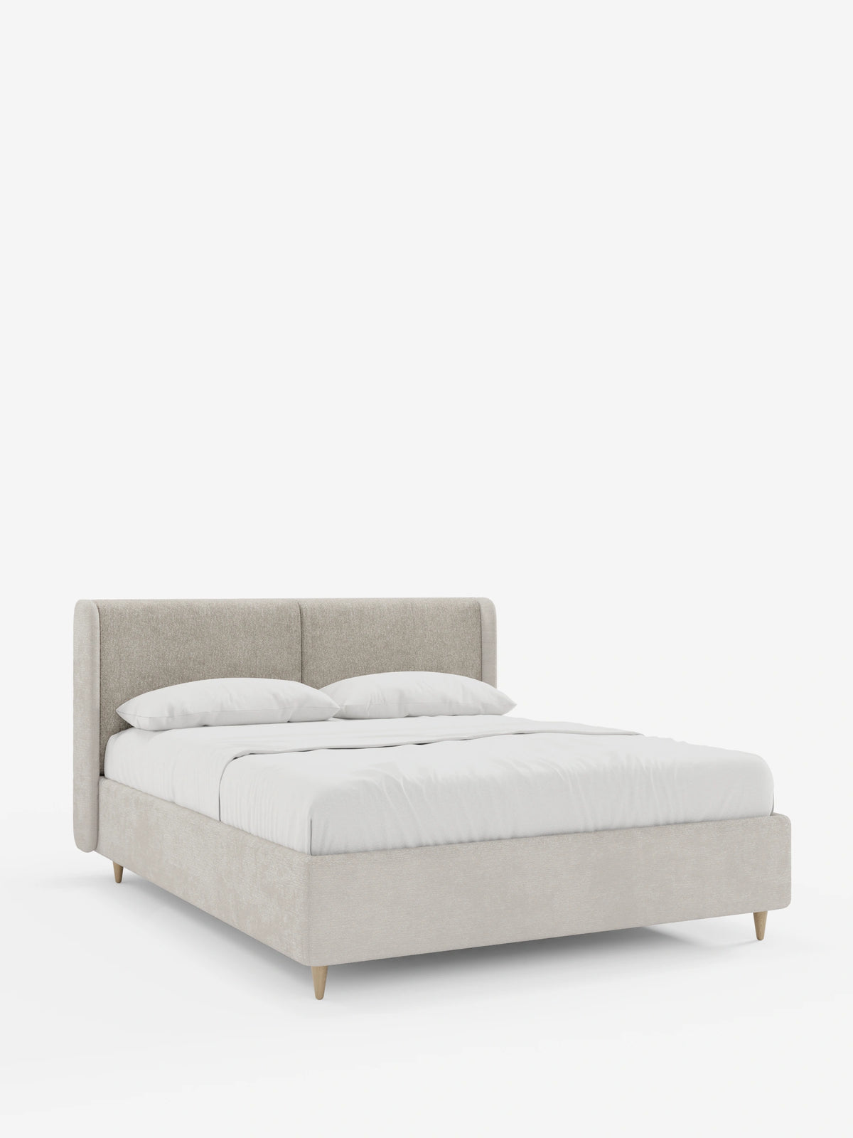 A VALKIRIA: letto imbottito bicolore con contenitore, caratterizzato da una testiera alta e ricurva in tessuto beige chiaro, con gambe minimaliste in legno affusolate e lenzuola bianche su uno sfondo bianco a tinta unita.