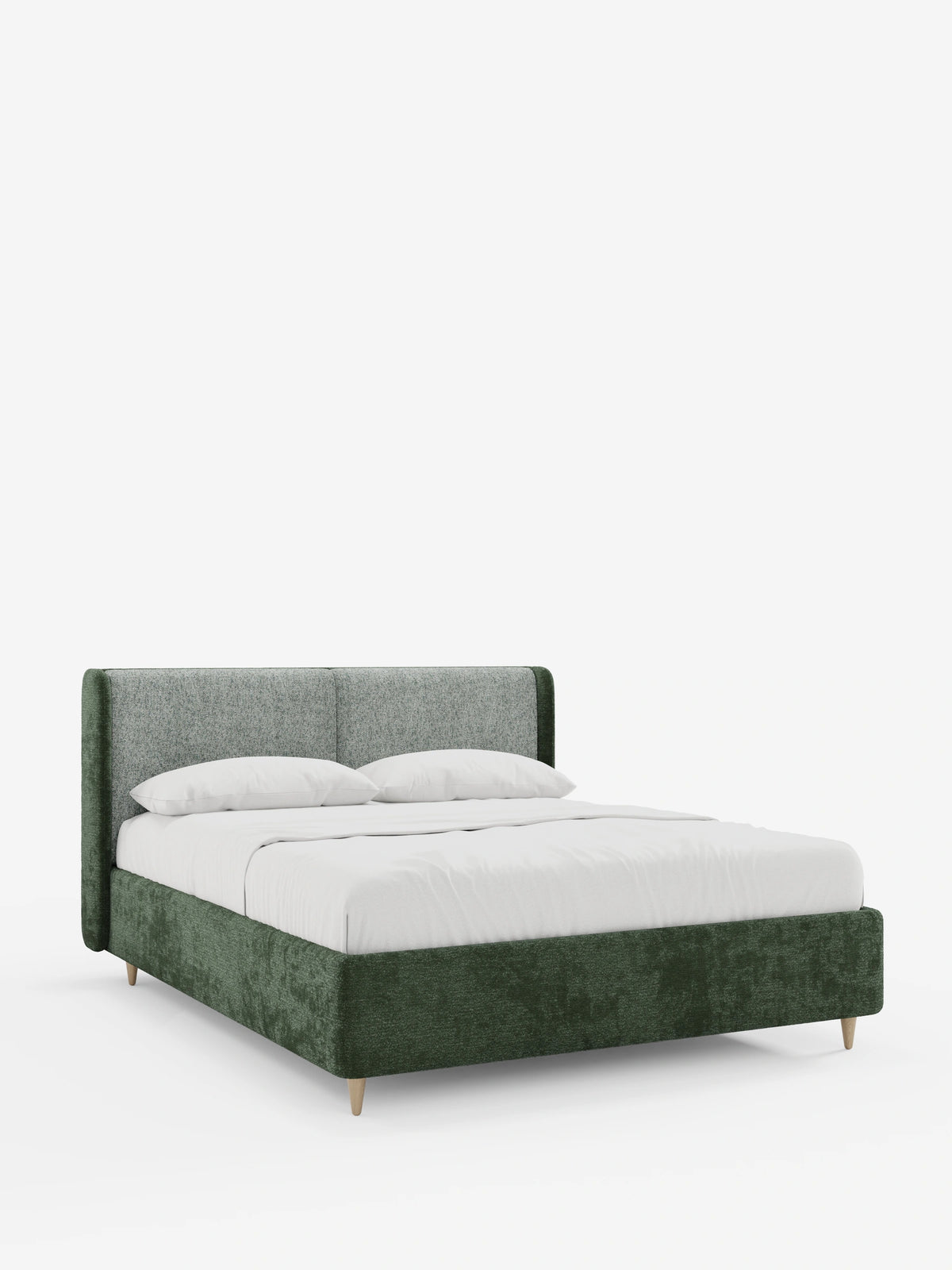 Il letto imbottito bicolore VALKIRIA con contenitore, cuscini per lo schienale e testiera curva avvolgente è un letto matrimoniale con base verde bosco e testiera grigia testurizzata bicolore, rivestito con lenzuola bianche e dotato di gambe in legno chiaro.