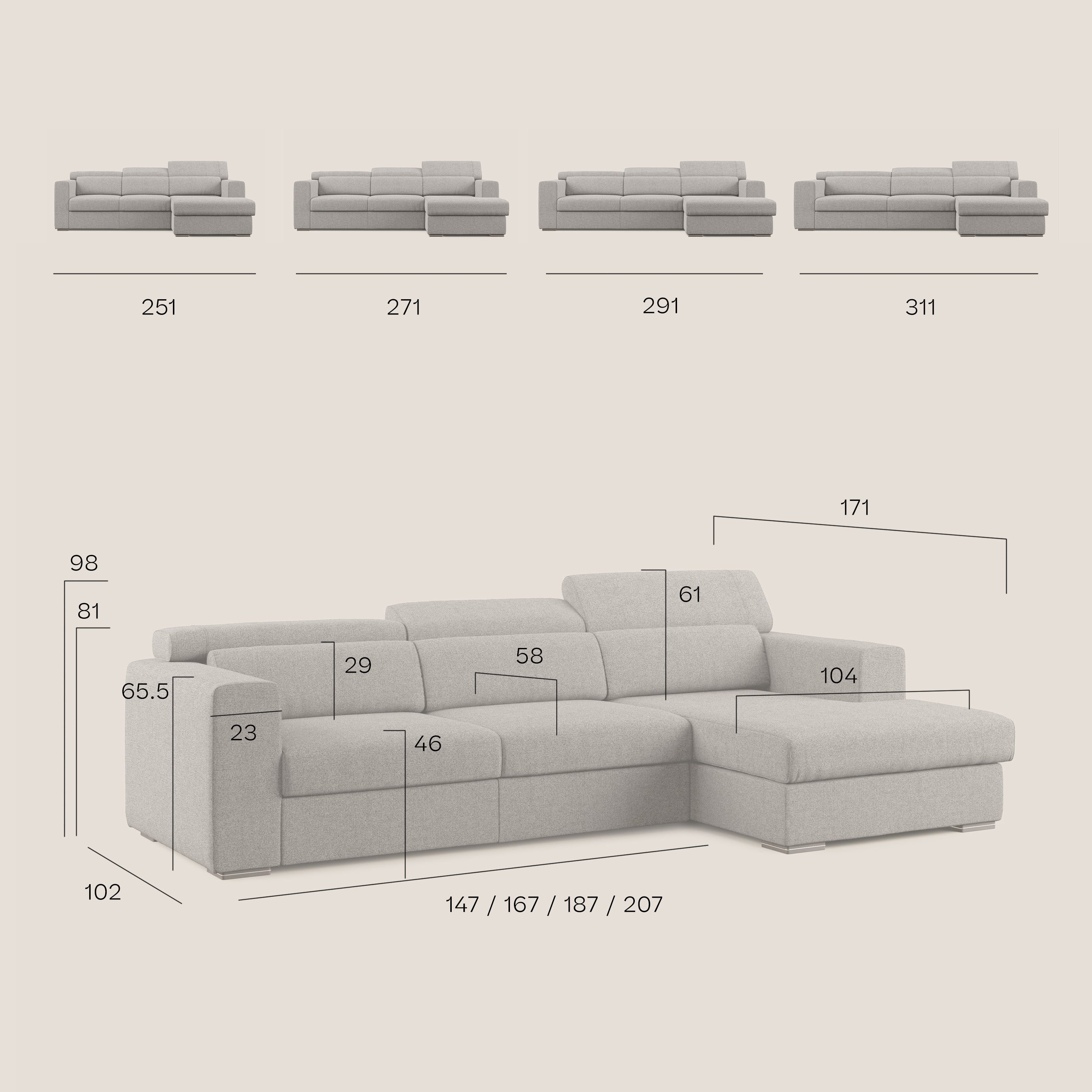 Vegas divano angolare con poggiatesta reclinabili in morbido tessuto impermeabile T06 blu - divani.store