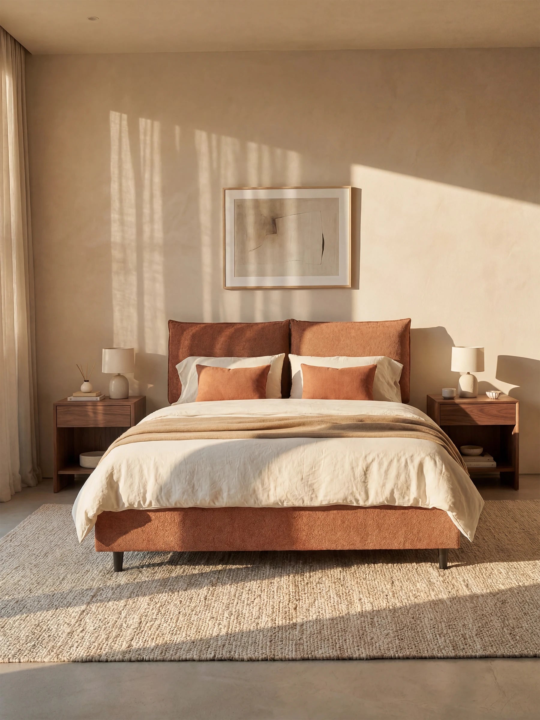 Una camera da letto inondata di luce mette in risalto il letto imbottito ZAYRON con vano contenitore e morbidi cuscini regolabili di Letti.store, caratterizzato da un design moderno in tessuto certificato Oeko-Tex®. Il letto imbottito marrone con testata regolabile è abbinato a biancheria da letto color crema e due cuscini color cuoio. Comodini in legno, lampade coordinate, vasi in ceramica, un tappeto dalla trama particolare, tende trasparenti e un'opera d'arte astratta in stile minimalista sopra il letto